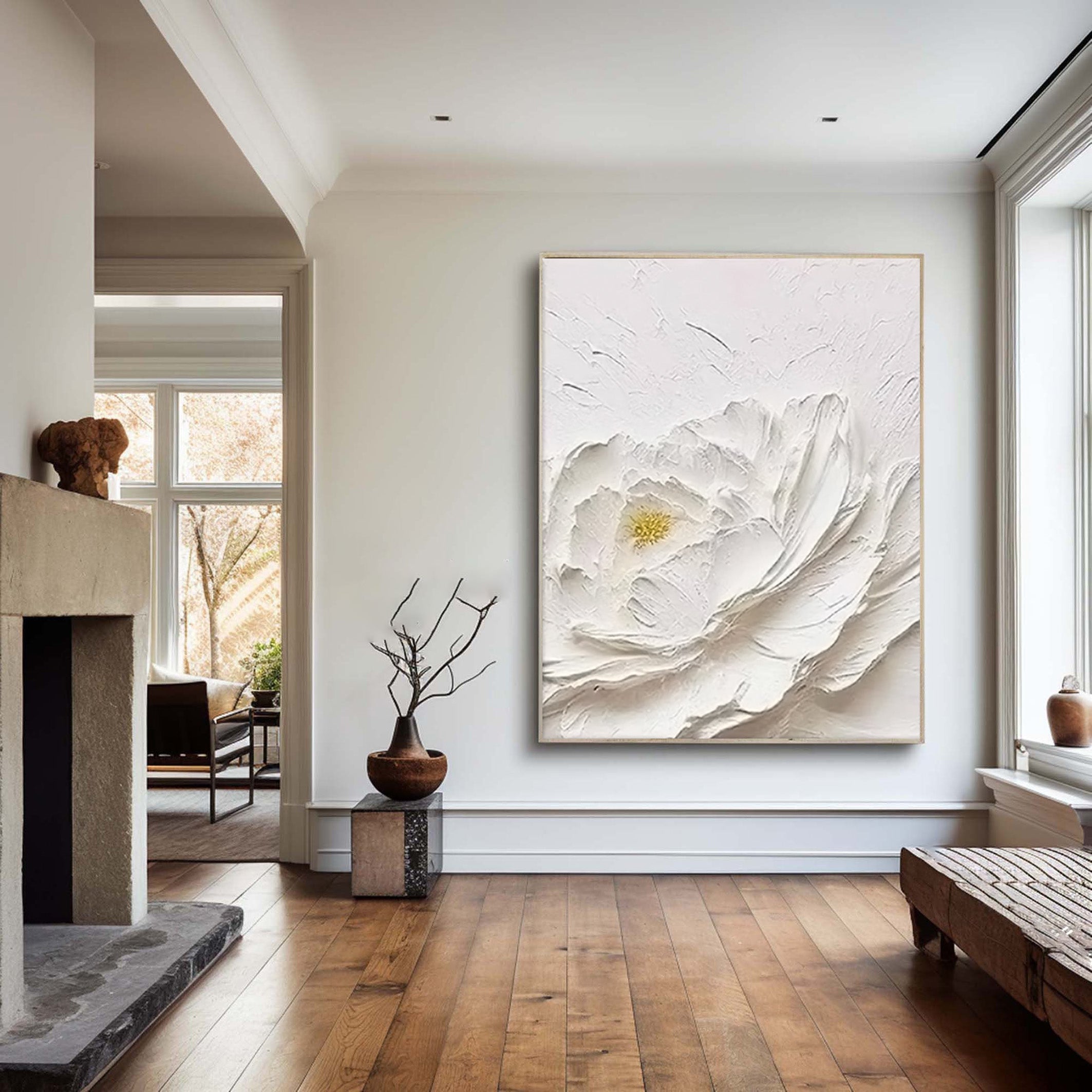 White Bloom: Textured Floral Canvas, Modern 3D Wall Art #BGA 114