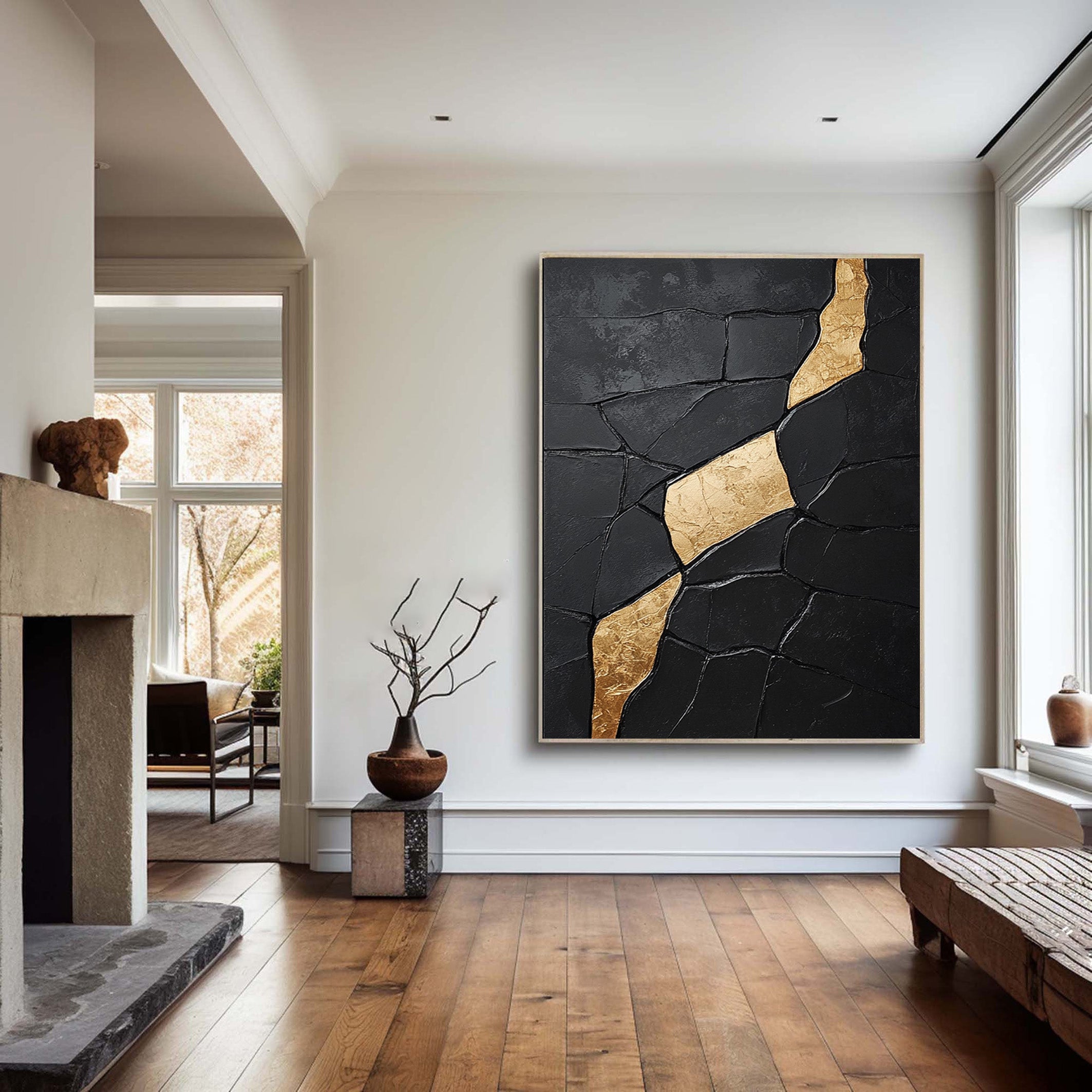 Large Textured Black Abstract with Diagonal Gold Divide #BGA 192