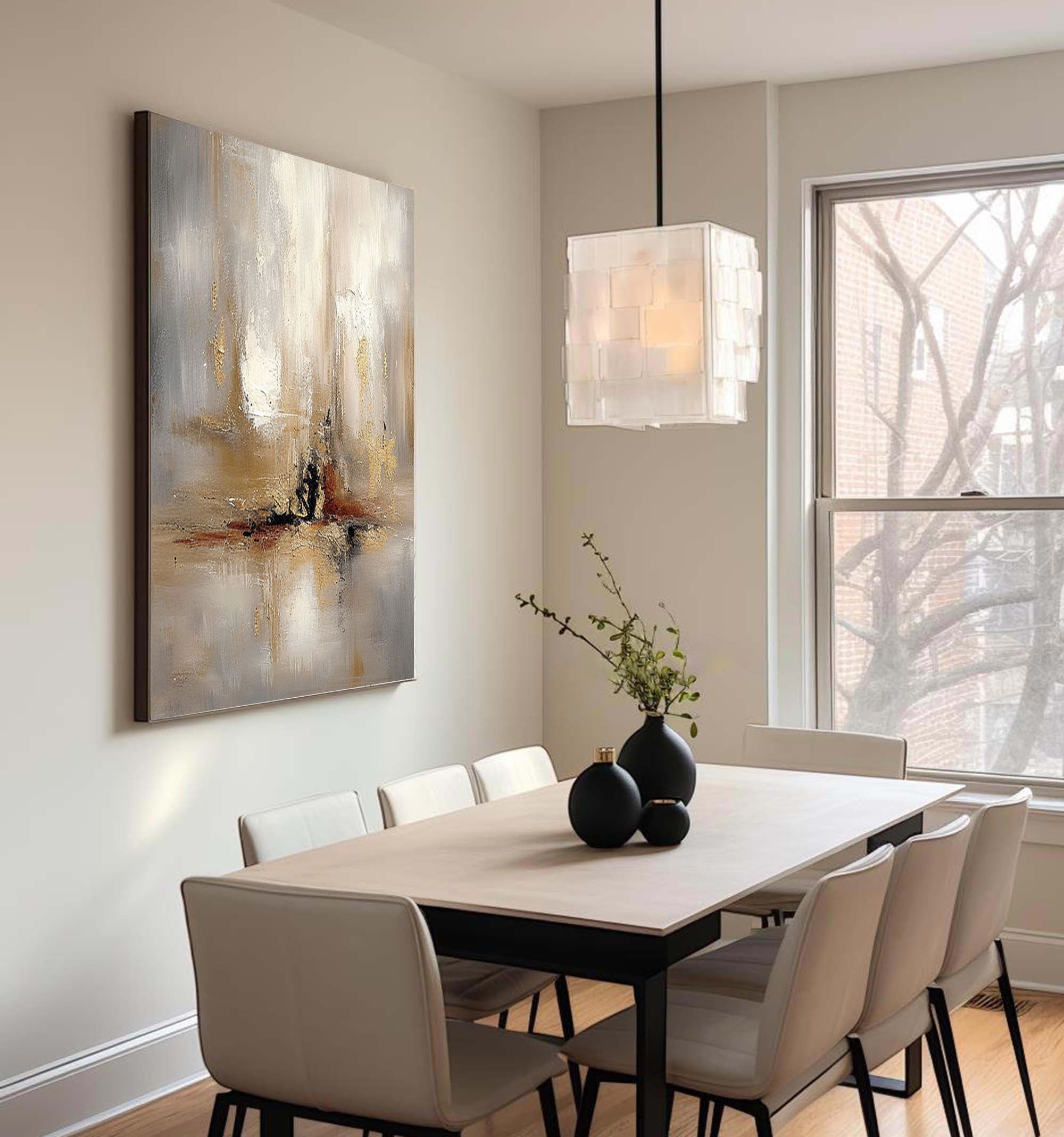 Grey And Beige Abstract Painting Gold Foil Texture Painting#AVG 005