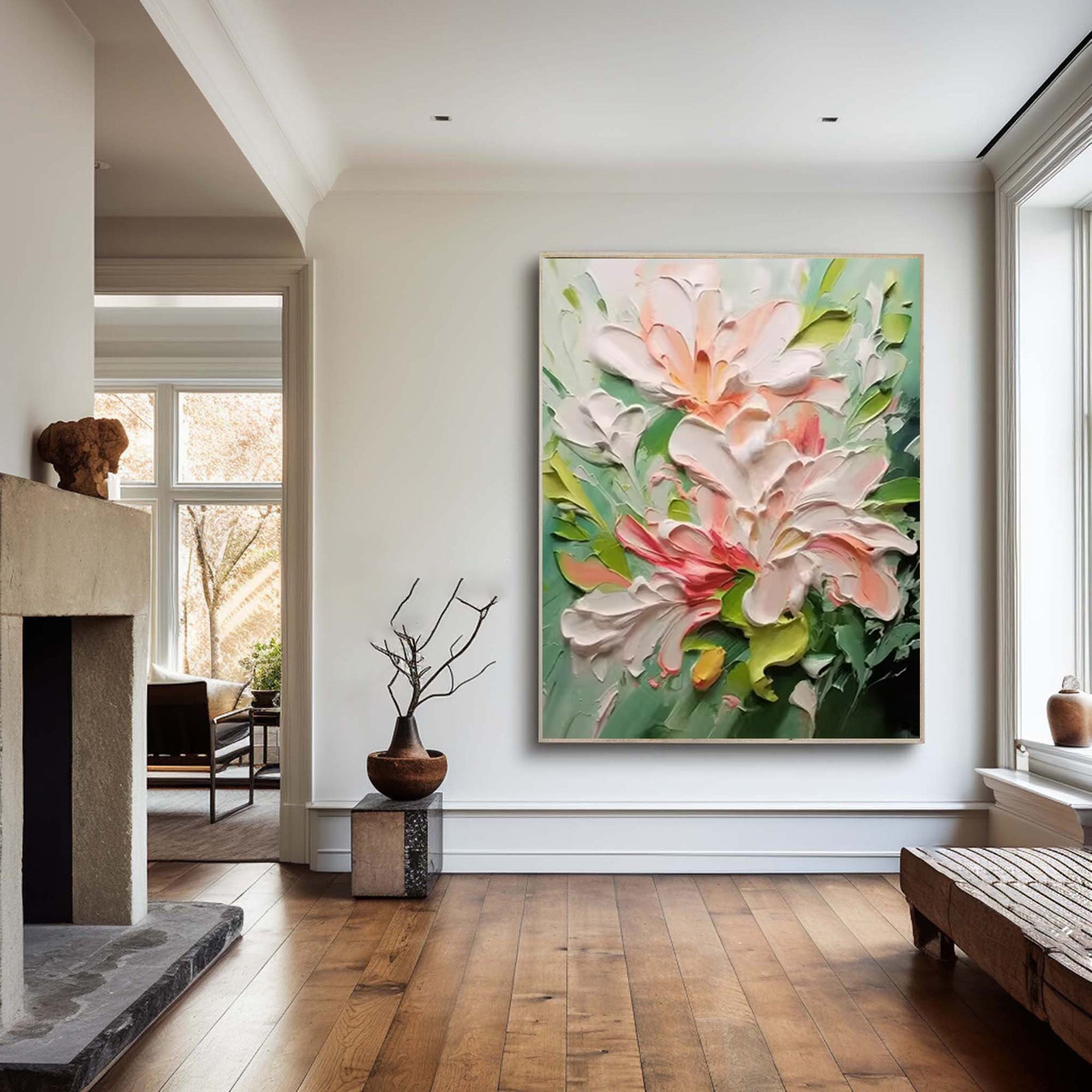 Textured Bloom: 3D Impasto Flower Art, Pink Green Palette #BGA 122