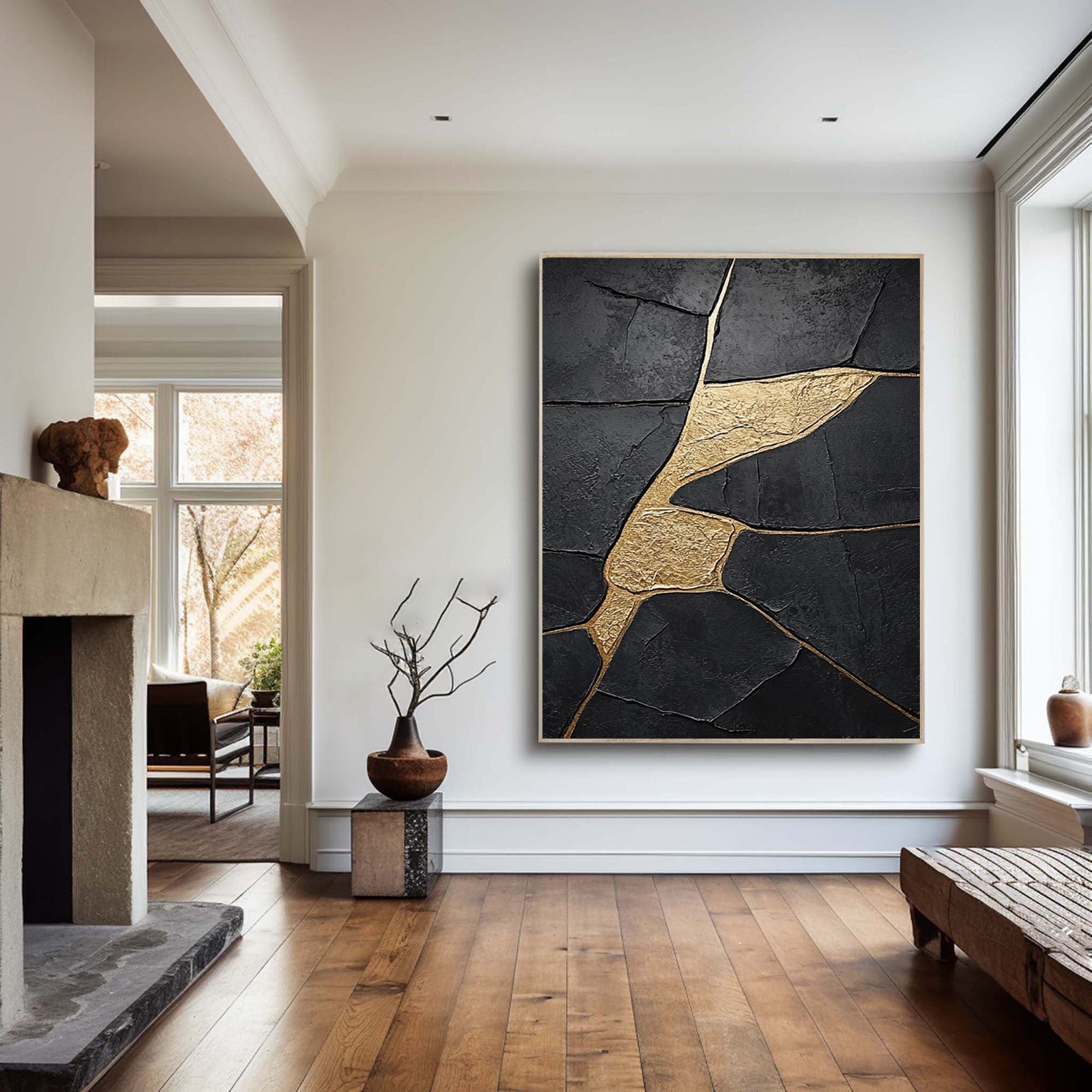 Modern Abstract Canvas with Textured Black and Gold Shapes #BGA 190