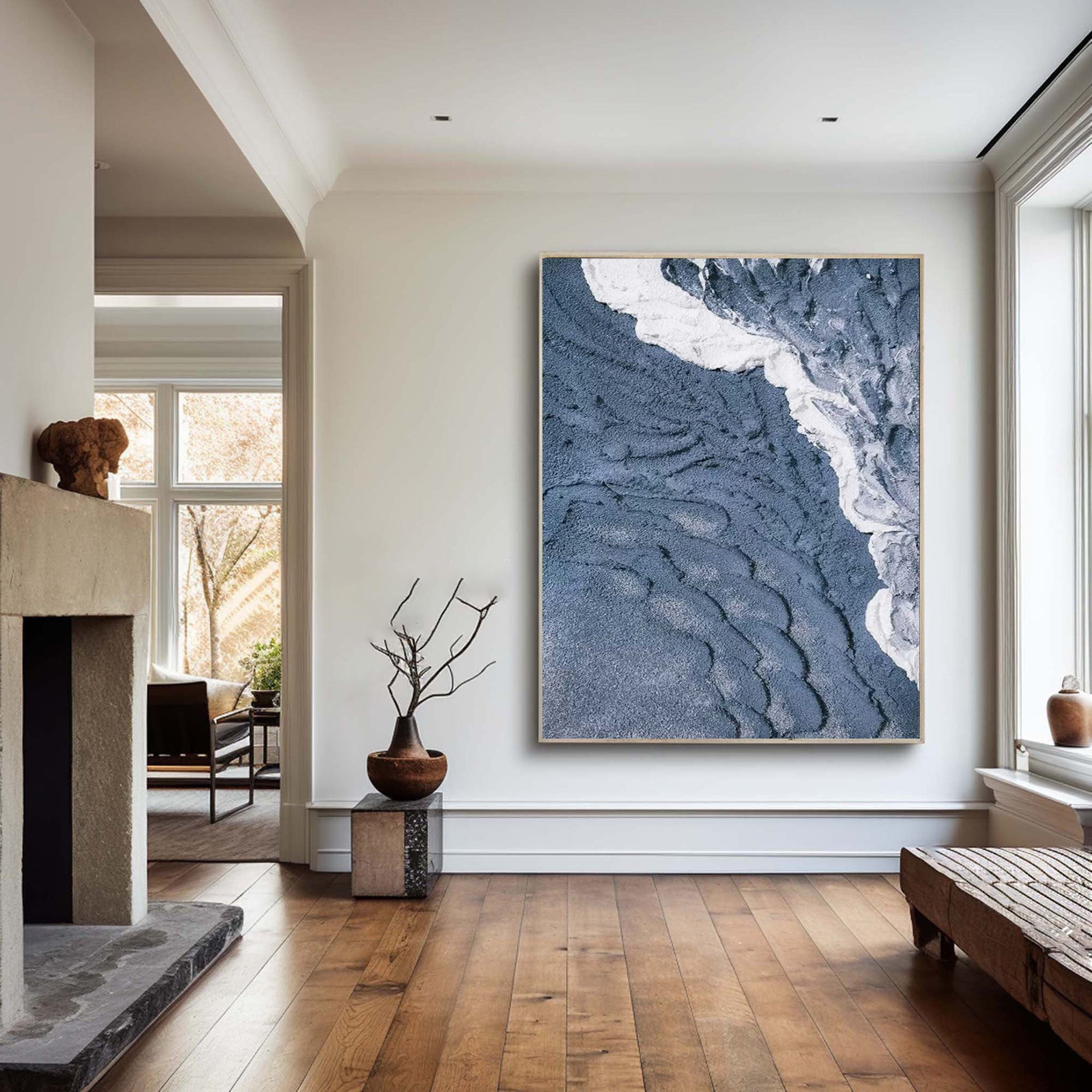 3D Textured Aerial Seascape, Minimalist Blue and White Art #BGA 164