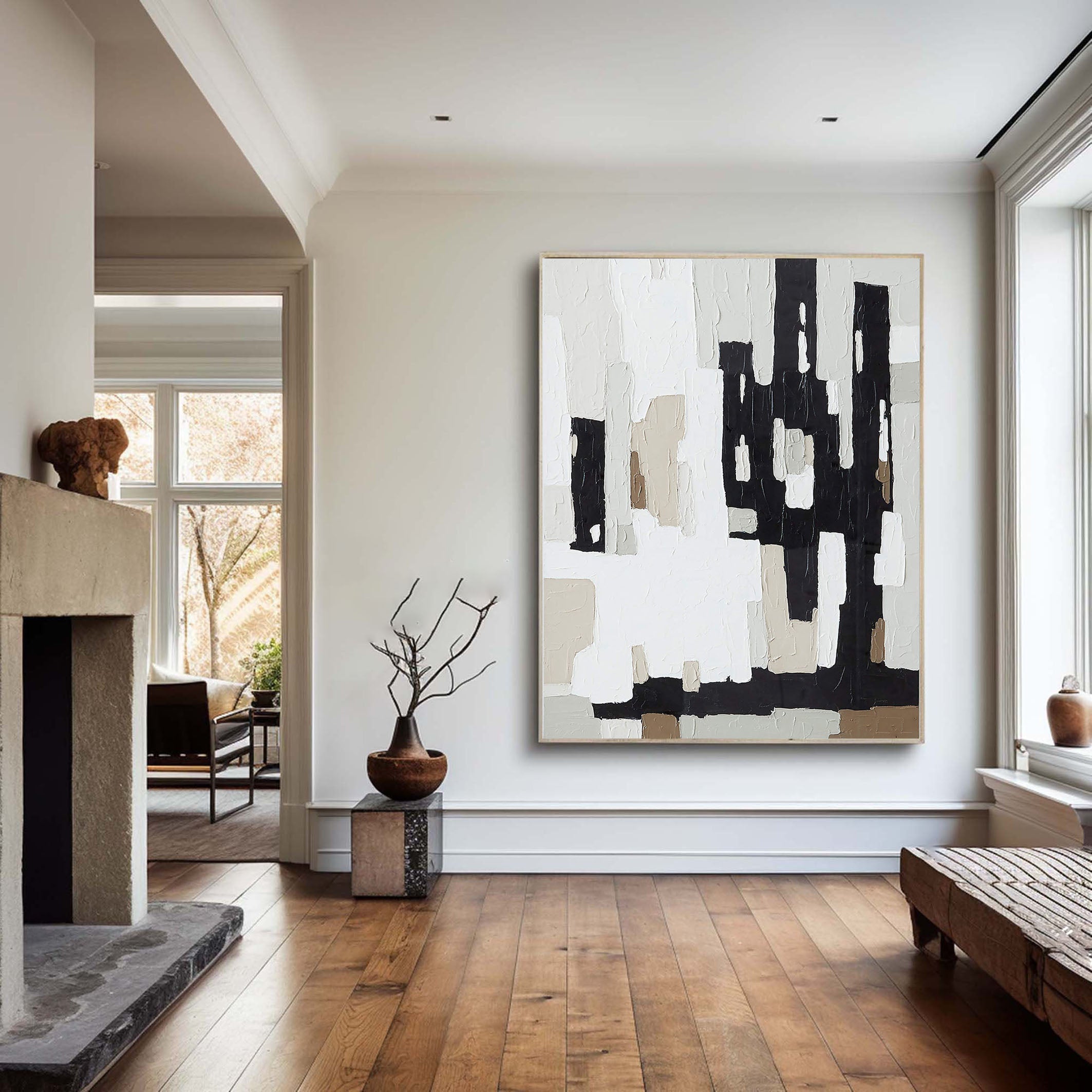 Abstract Geometric Painting With Black, White And Beige #BGA 039