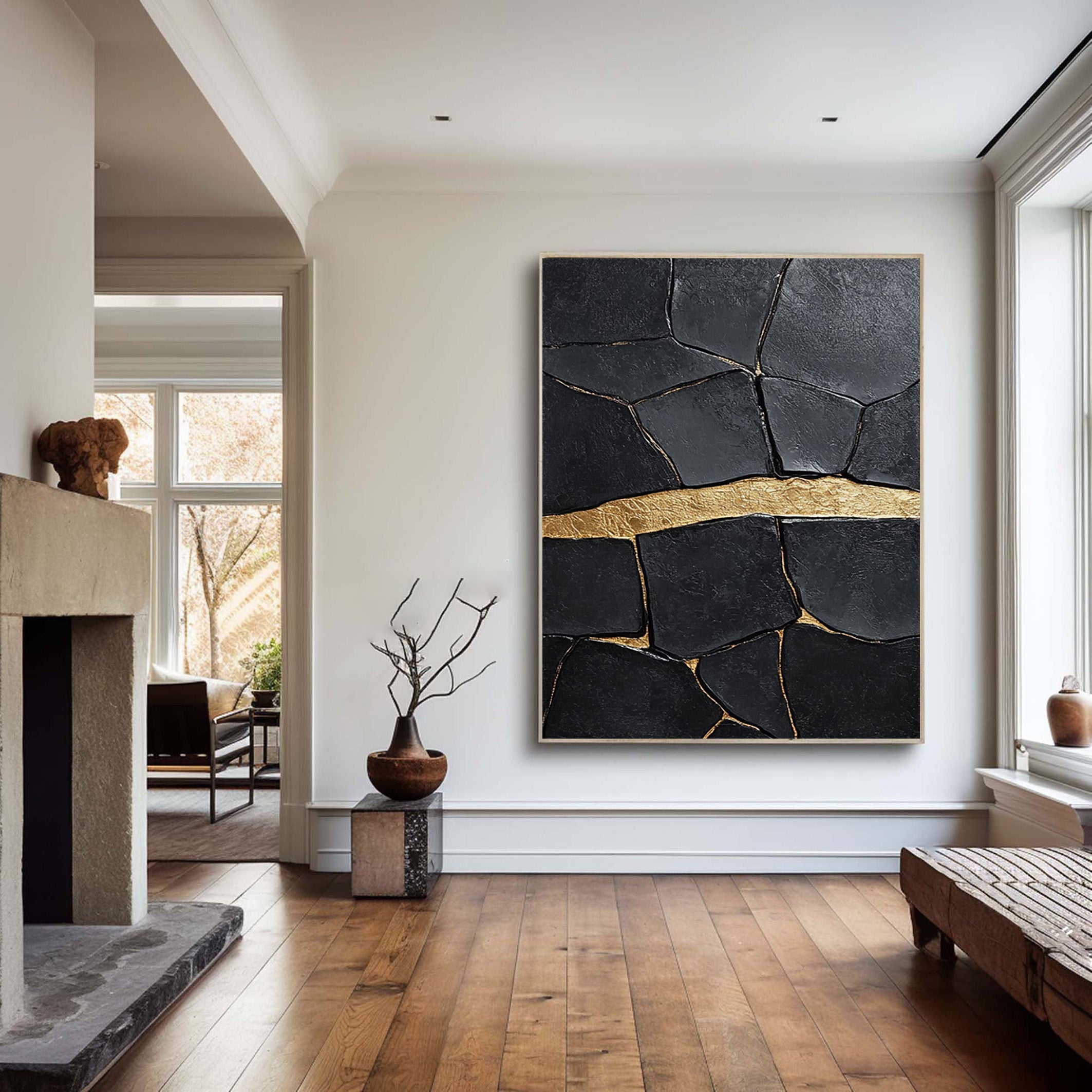 Black Impasto Art with a Bold Golden Fault, Textured Abstract #BGA 184