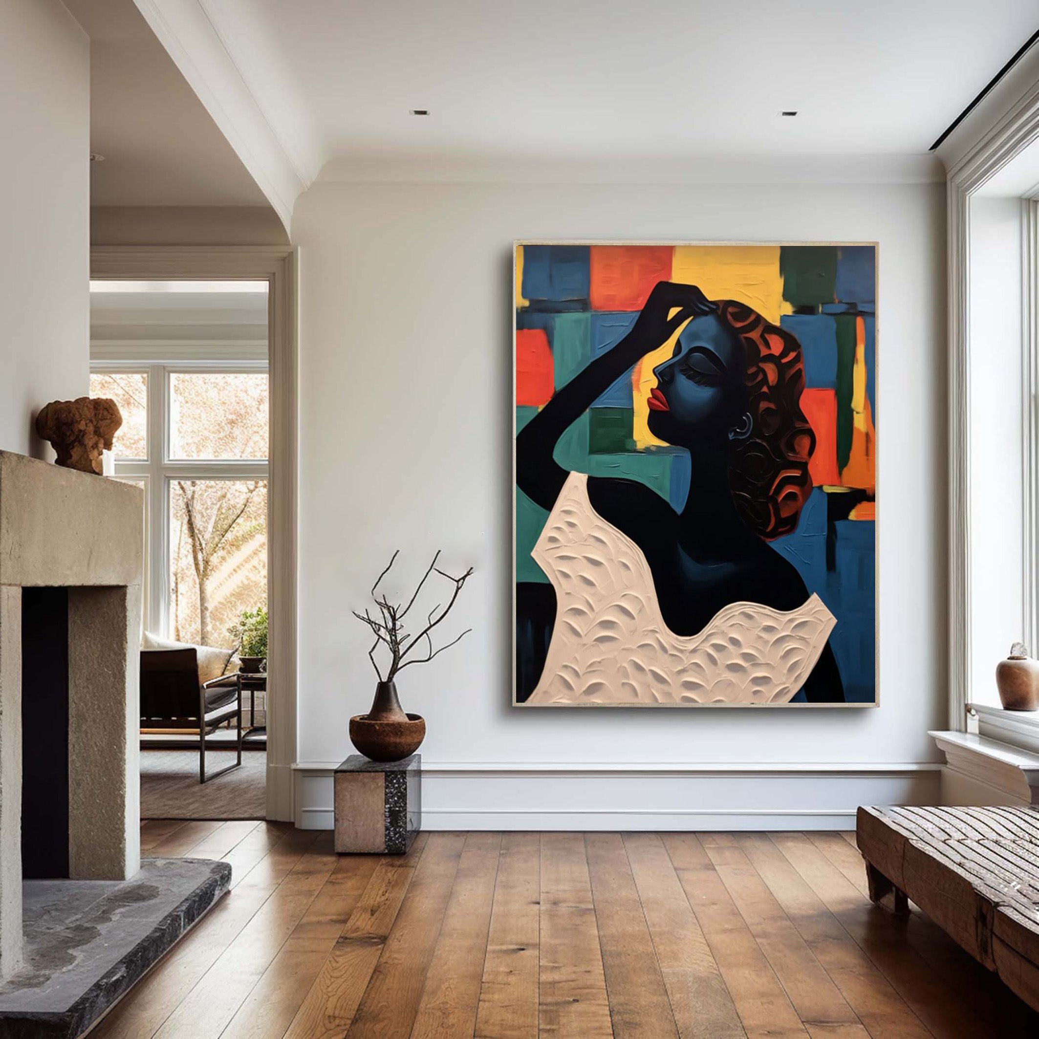 Elegant Portrait with Abstract Geometric Panels, Modern Art #BGA 175