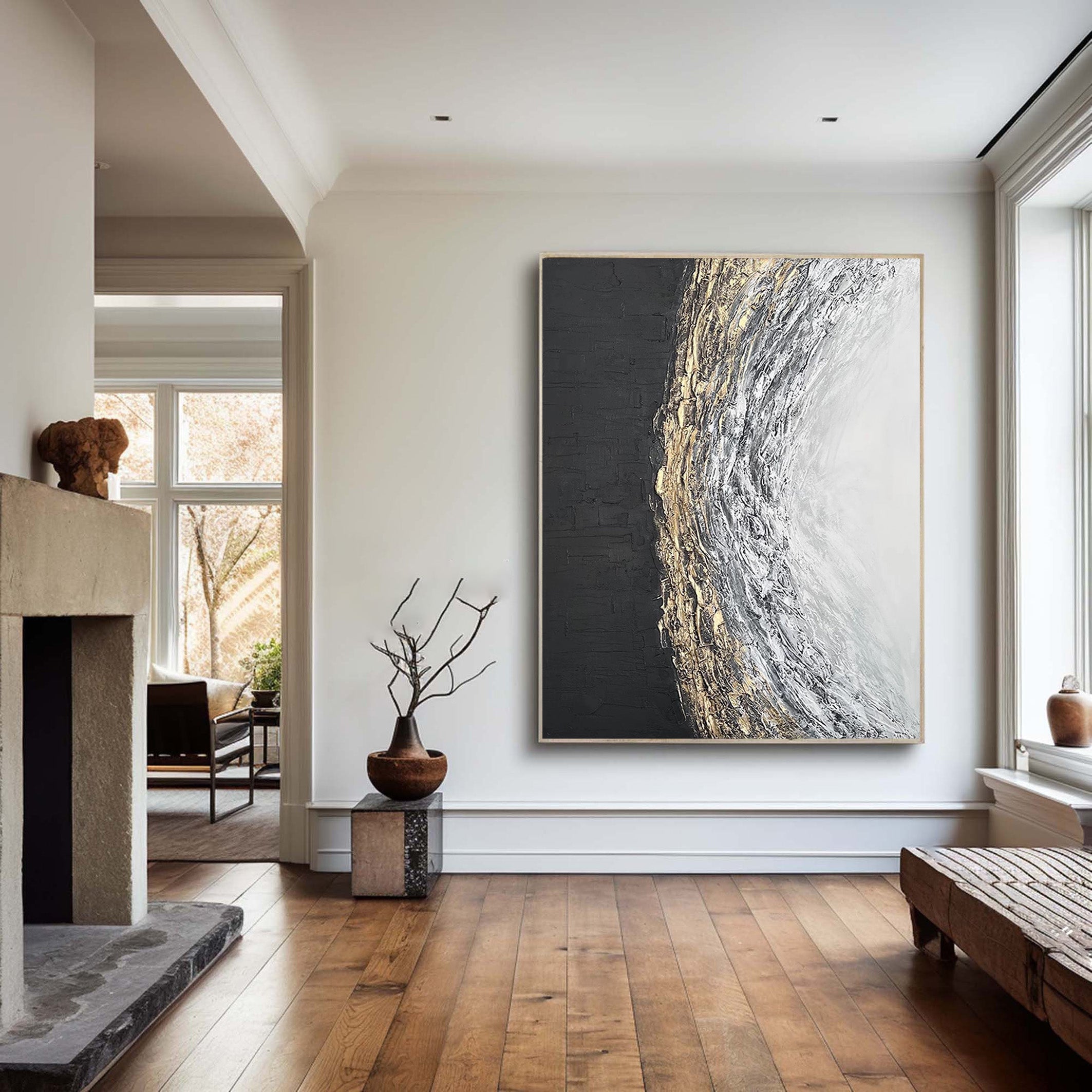 Lunar Divide: Abstract Textured Art, Gold Accent Canvas #BGA 117