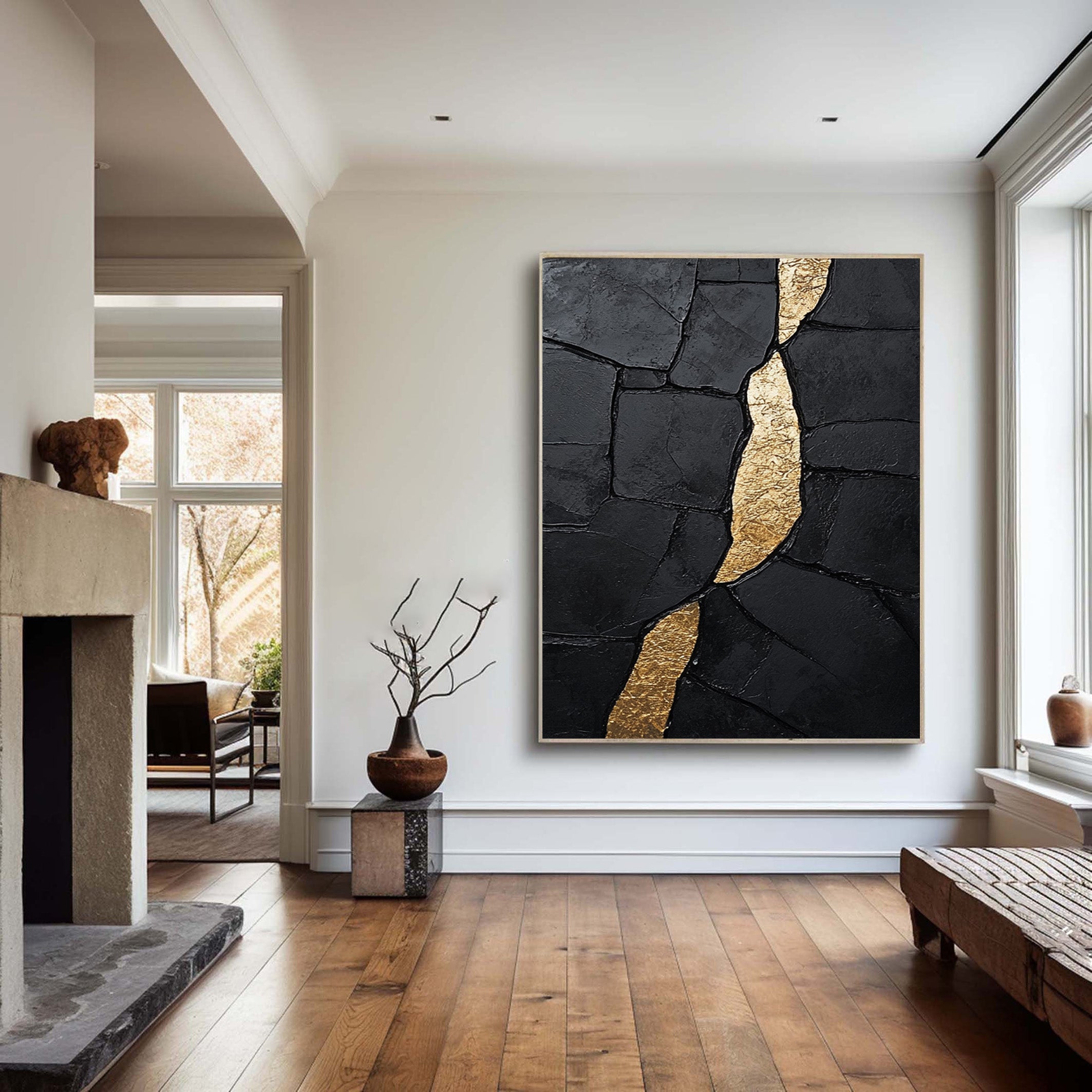 Black Impasto Canvas with Striking Vertical Organic Gold Shape #BGA 191