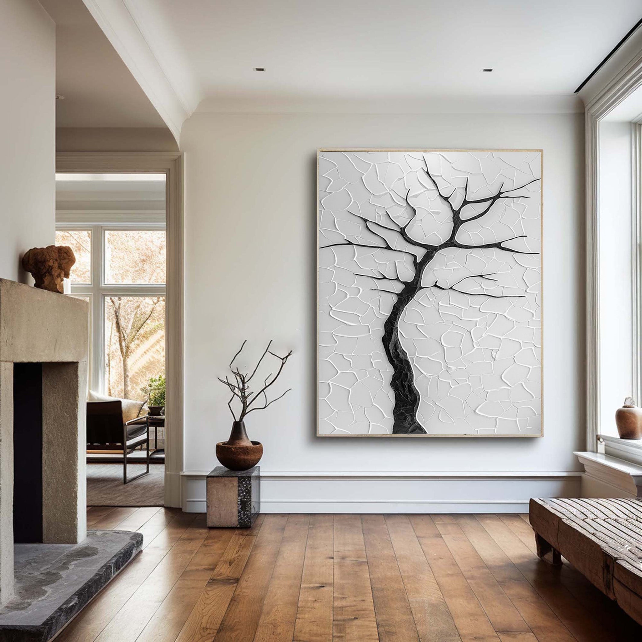 Modern Minimalist Tree Against Cracked White Impasto #BGA 203