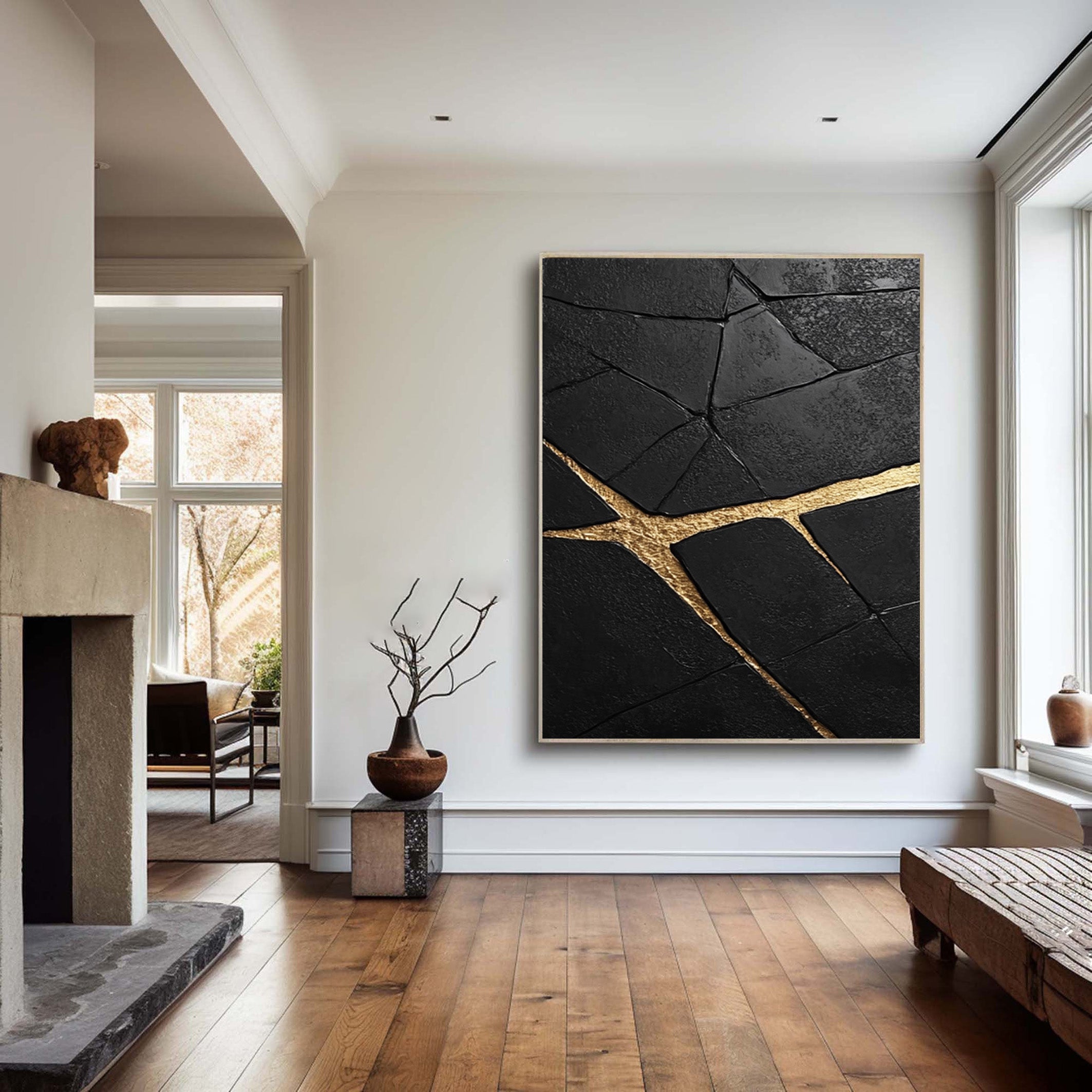 Modern Abstract with Deeply Textured Black and Gold Rivers #BGA 182