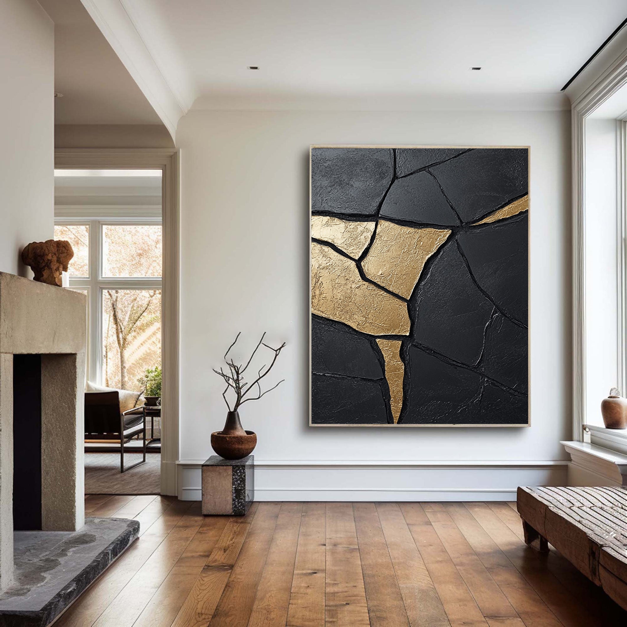 Large Contemporary Black Impasto Art with Organic Gold Shape #BGA 189