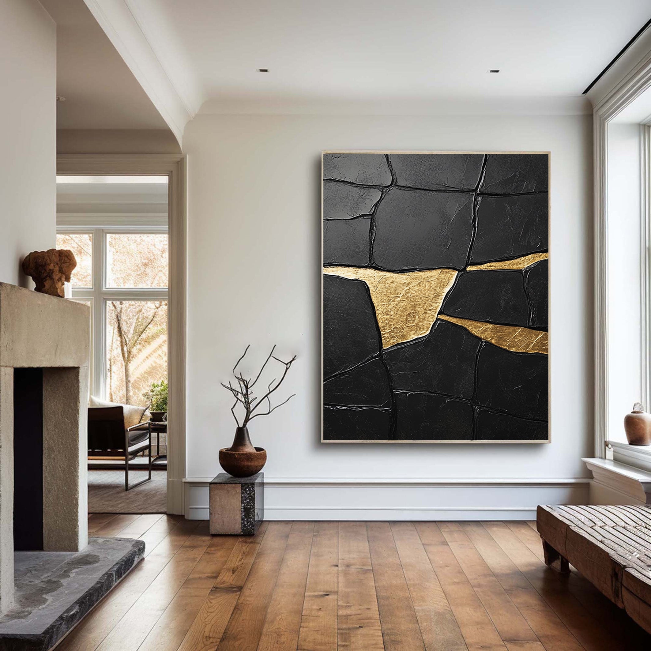 Textured Black Abstract with Irregular Gold Veins, Modern Art #BGA 185