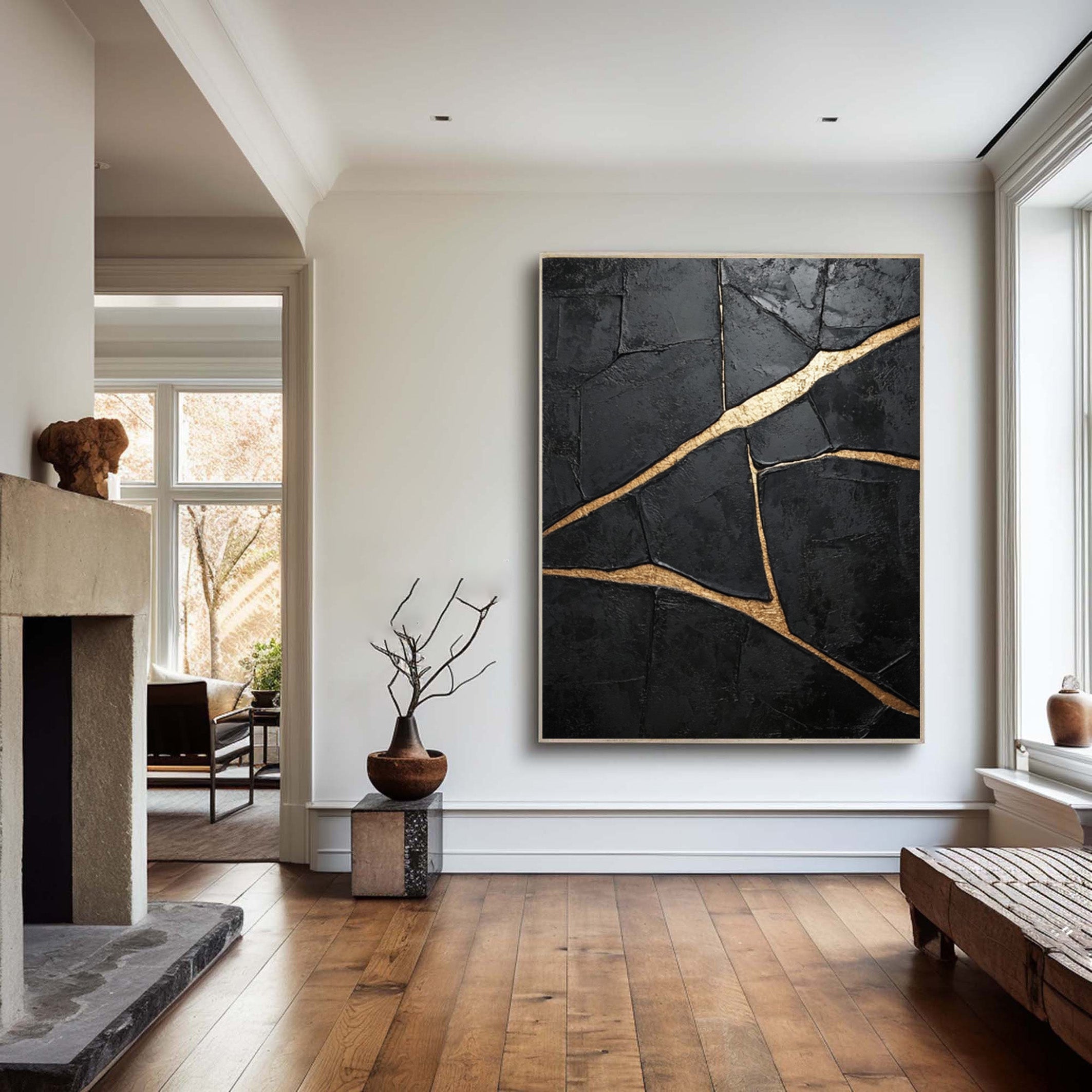 Heavily Textured Black Art with Gold Seams, Modern Canvas #BGA 183