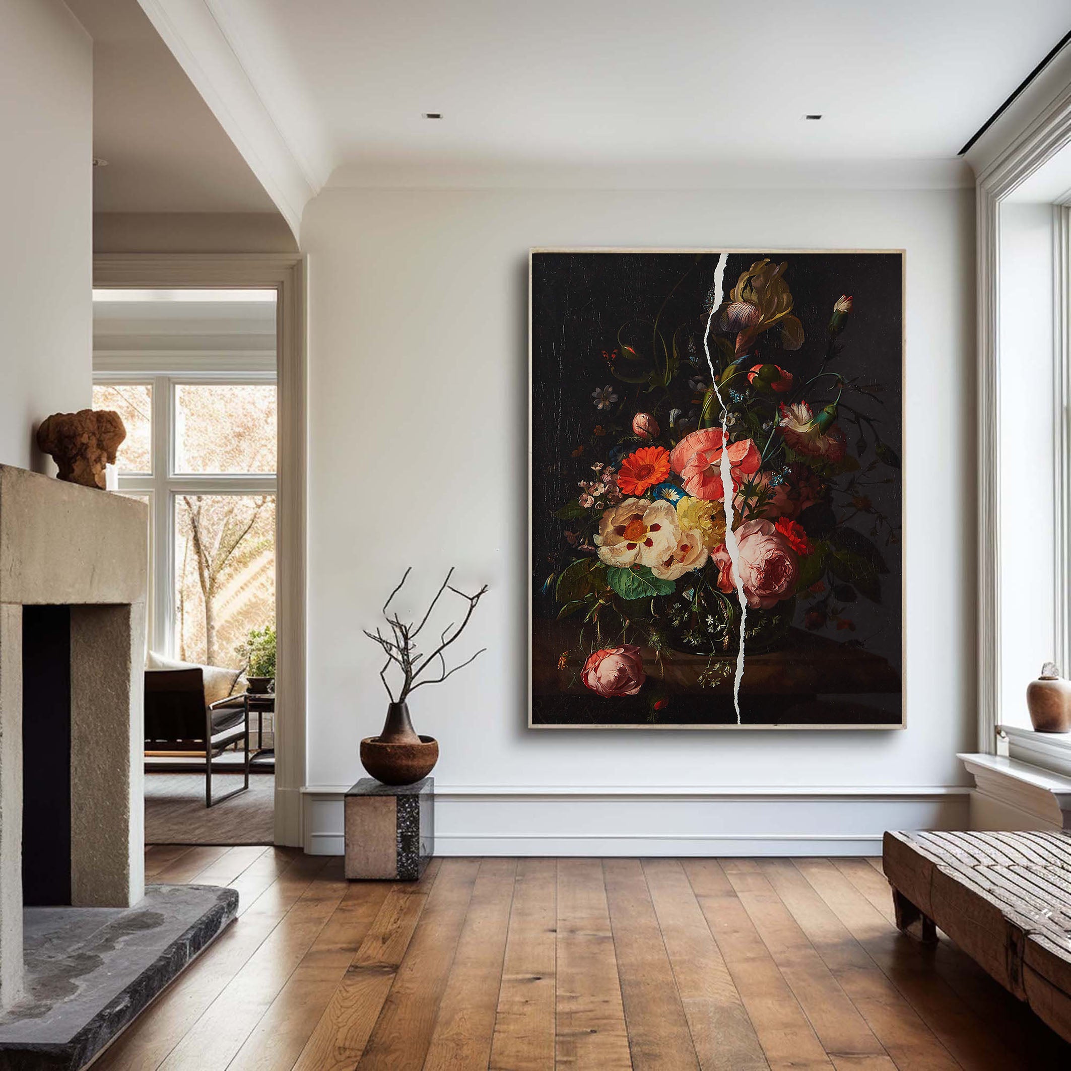 Flowers With White Crack, Large Contemporary Wall Art #BGA 043