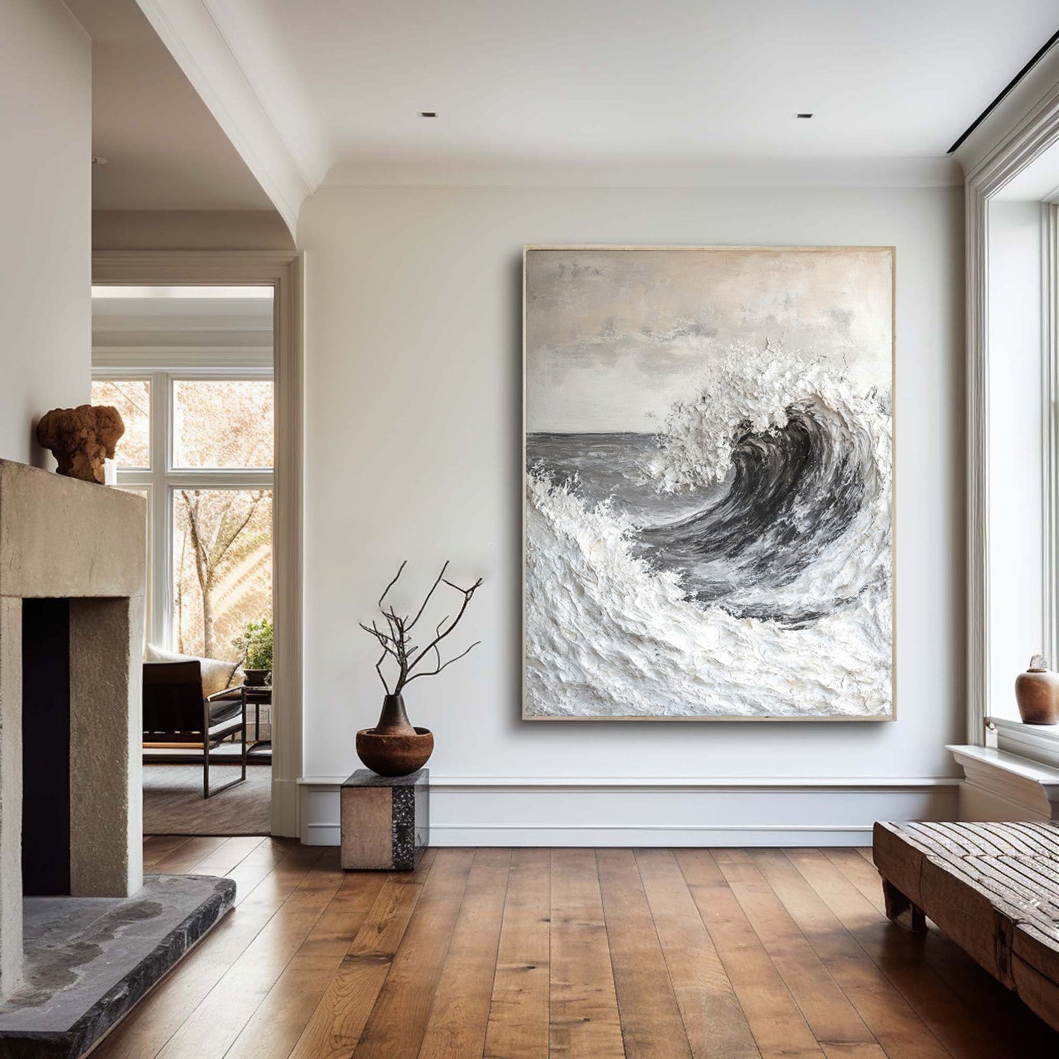 Textured Ocean Wave Wall Painting in Grayscale Impasto #BGA 201