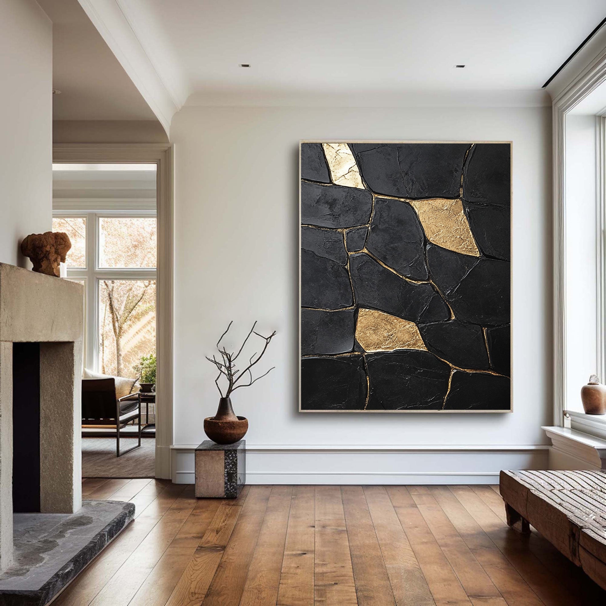 Large Black Impasto Art with Bold Geometric Gold Wall Decor #BGA 188