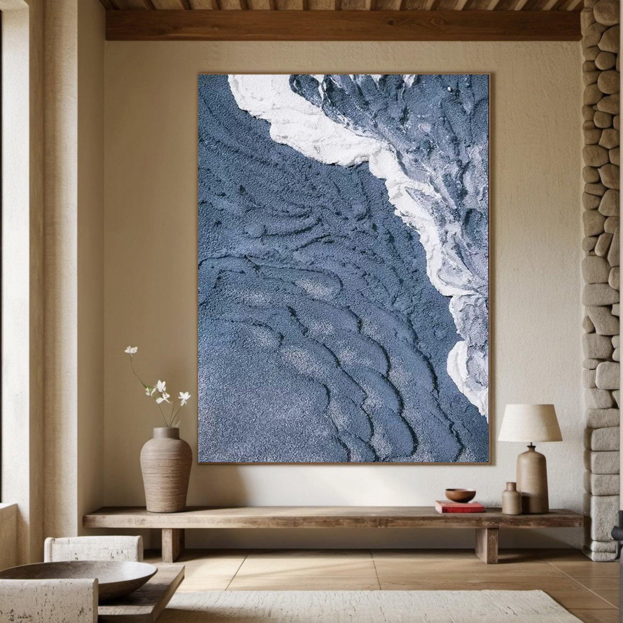 3D Textured Aerial Seascape, Minimalist Blue and White Art #BGA 164