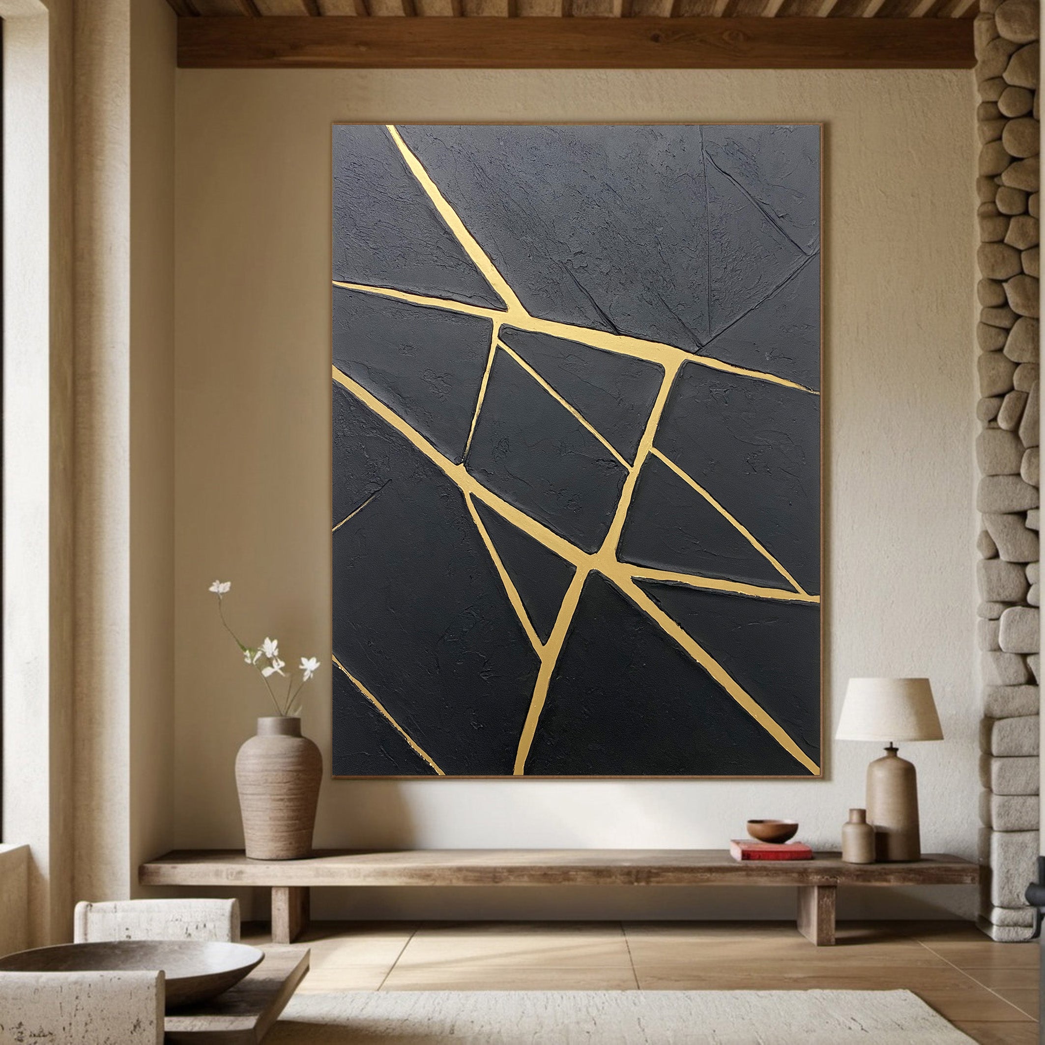 Modern Canvas with Textured Black and Geometric Gold Veins #BGA 195v