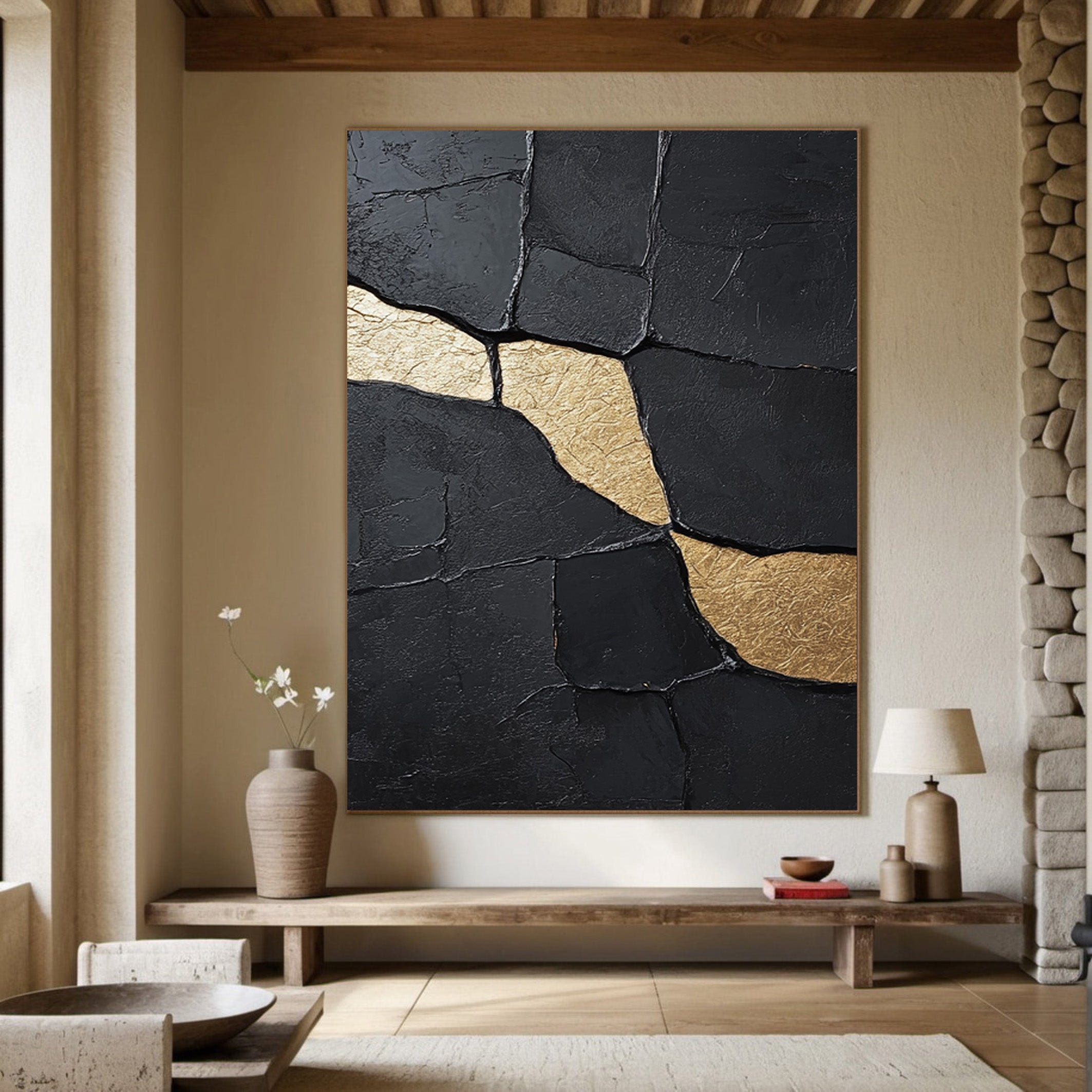 Textured Black Canvas with Striking Organic Gold Accents #BGA 187