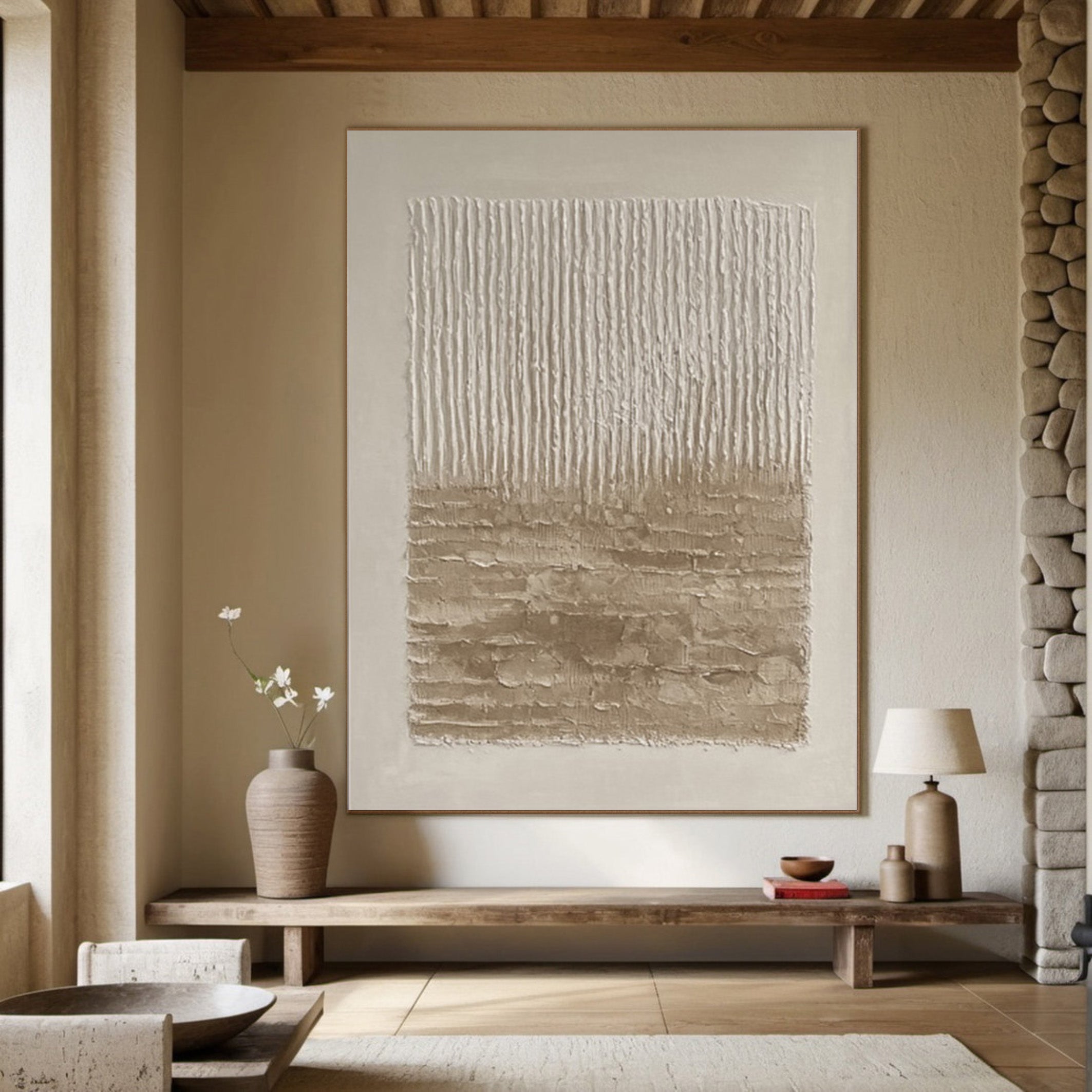 Neutral Art with Vertical Impasto and Layered Horizontal Base #BGA 198