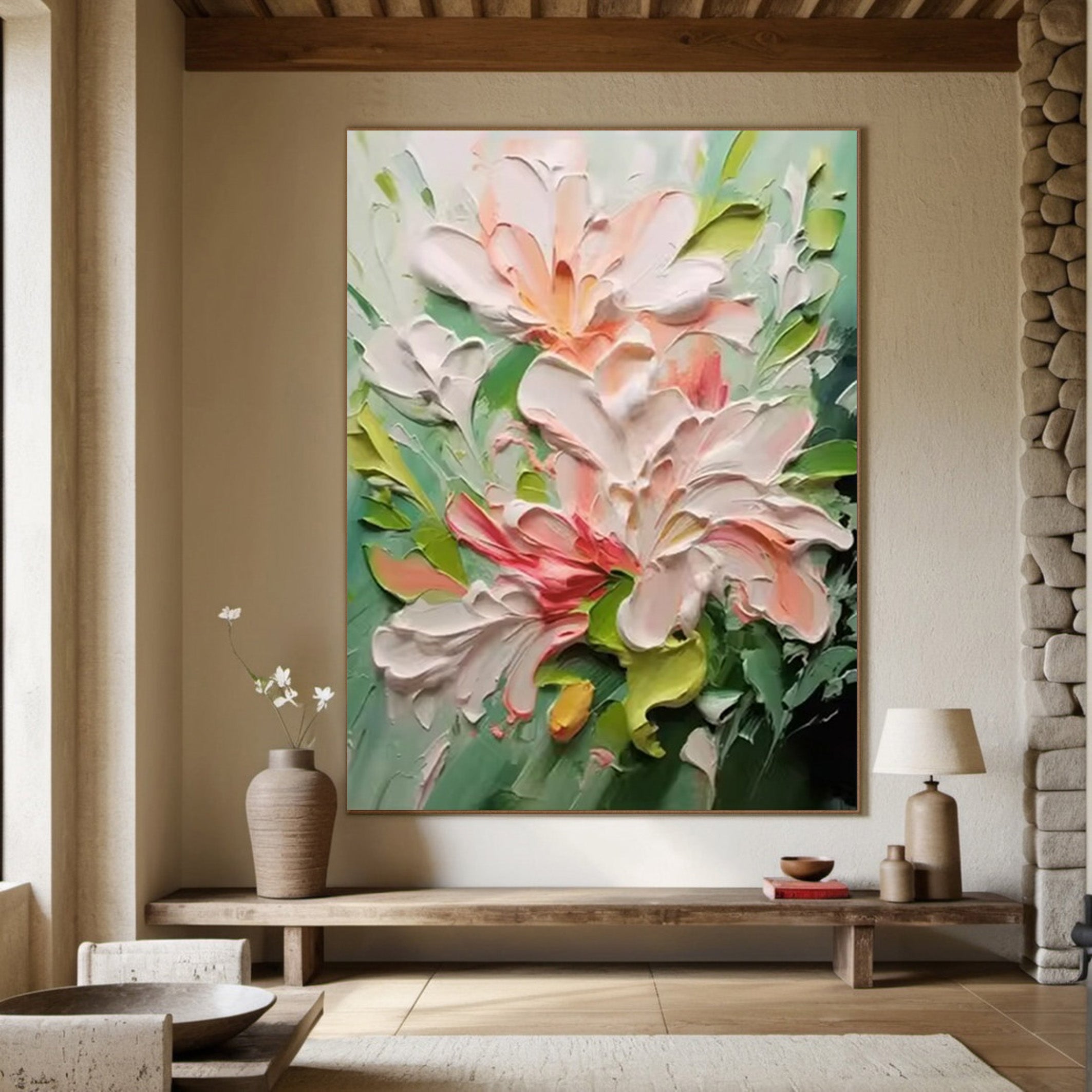 Textured Bloom: 3D Impasto Flower Art, Pink Green Palette #BGA 122