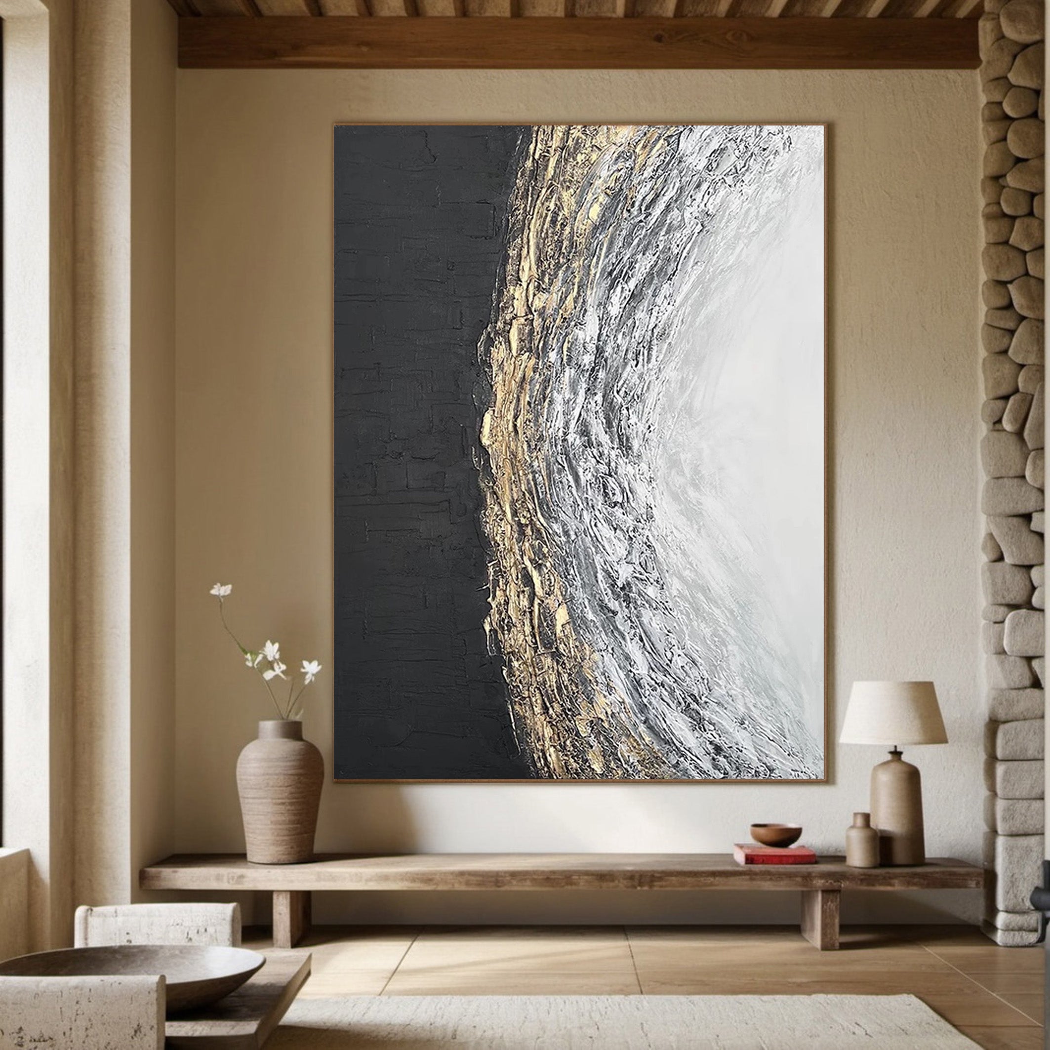 Lunar Divide: Abstract Textured Art, Gold Accent Canvas #BGA 117