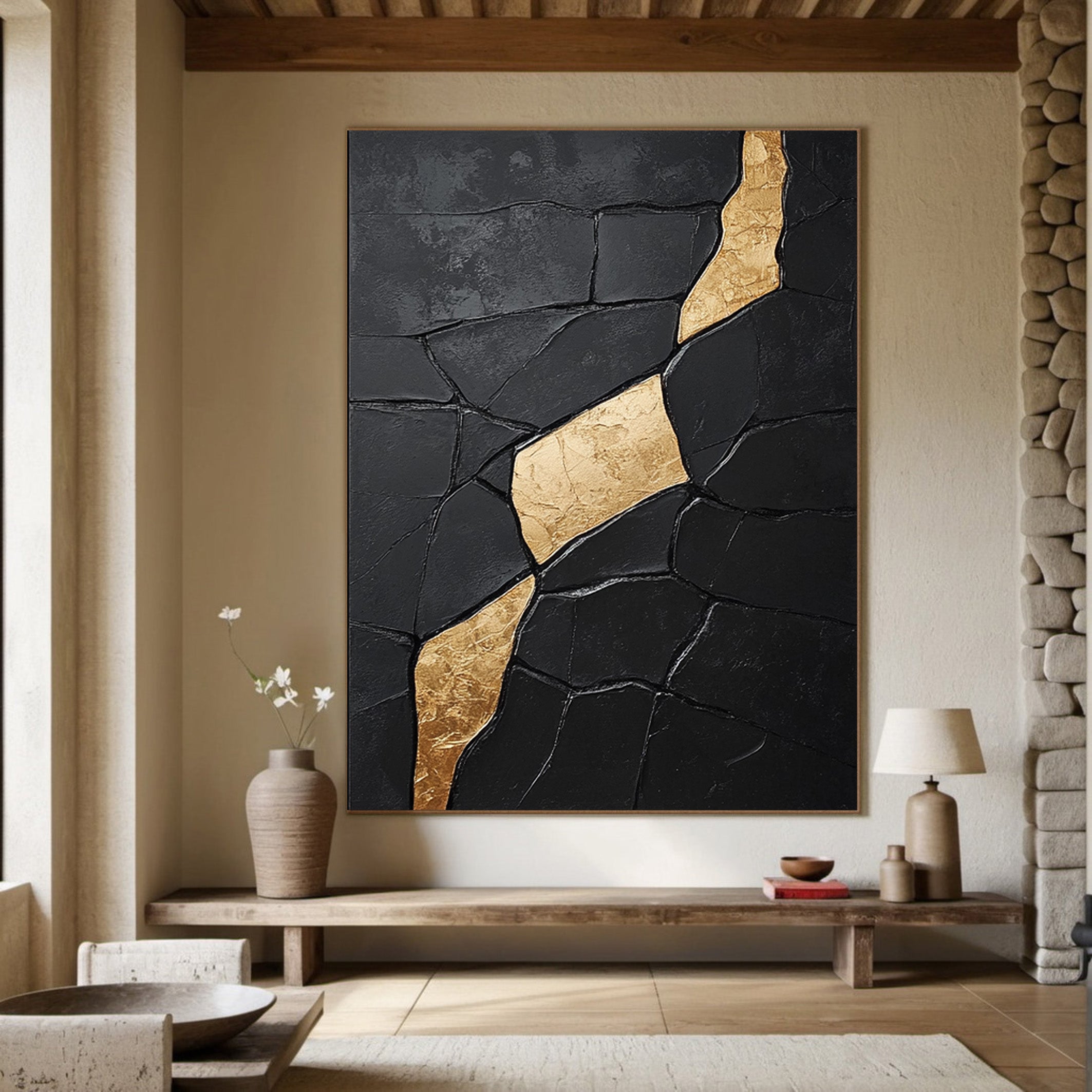 Large Textured Black Abstract with Diagonal Gold Divide #BGA 192