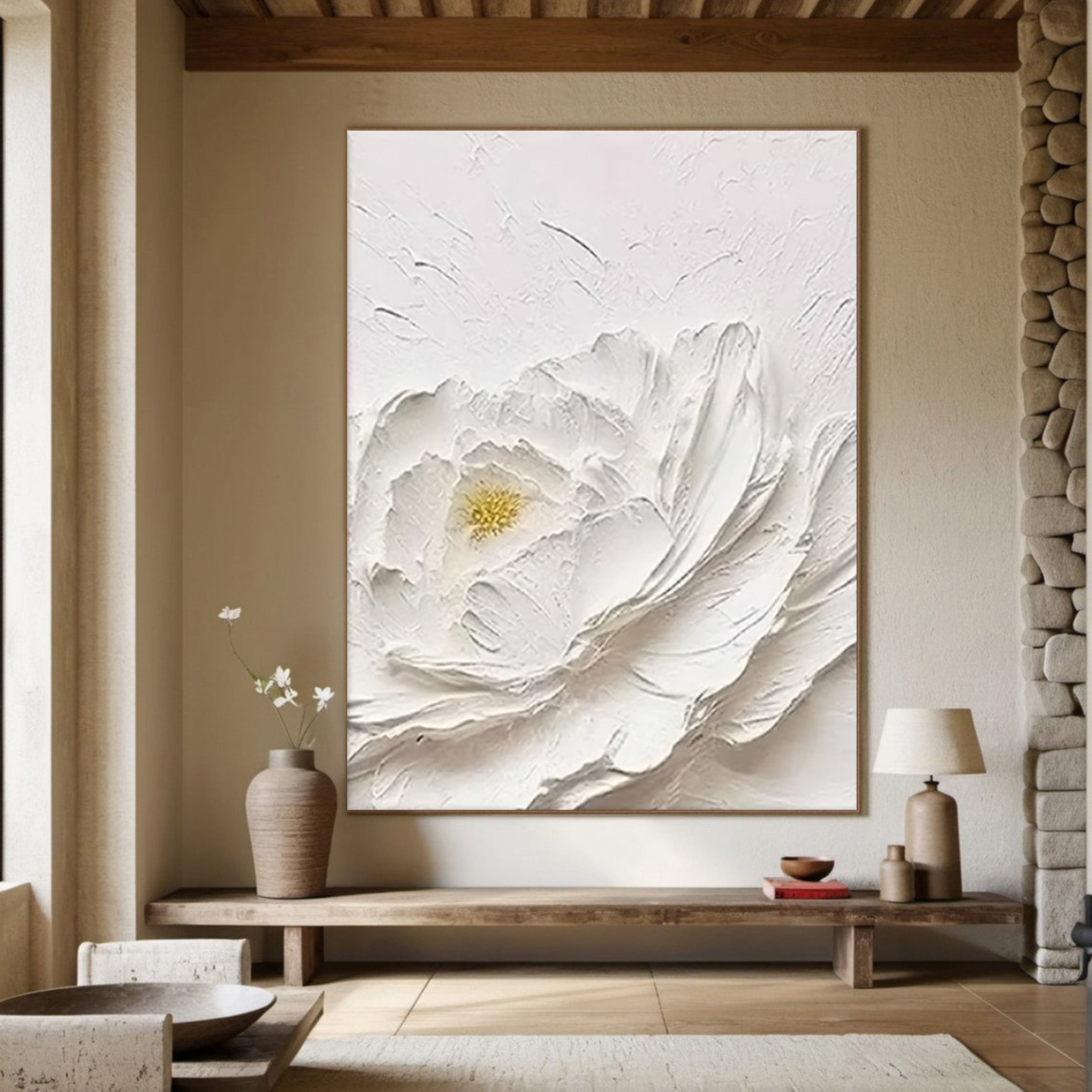 White Bloom: Textured Floral Canvas, Modern 3D Wall Art #BGA 114