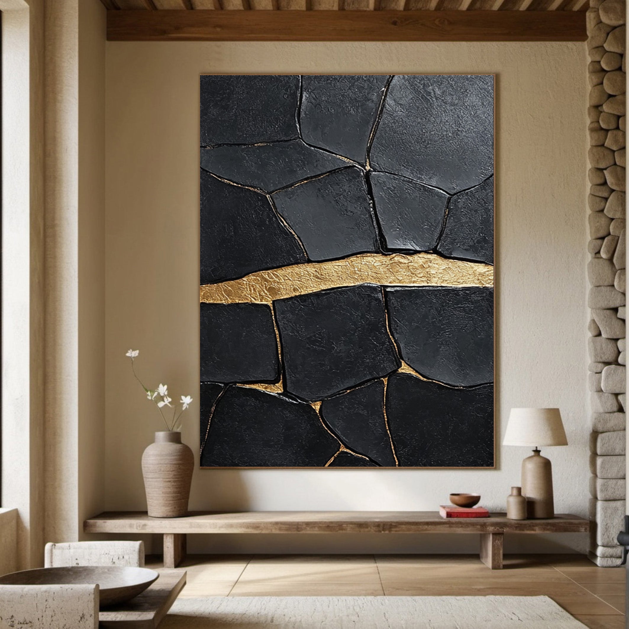 Black Impasto Art with a Bold Golden Fault, Textured Abstract #BGA 184