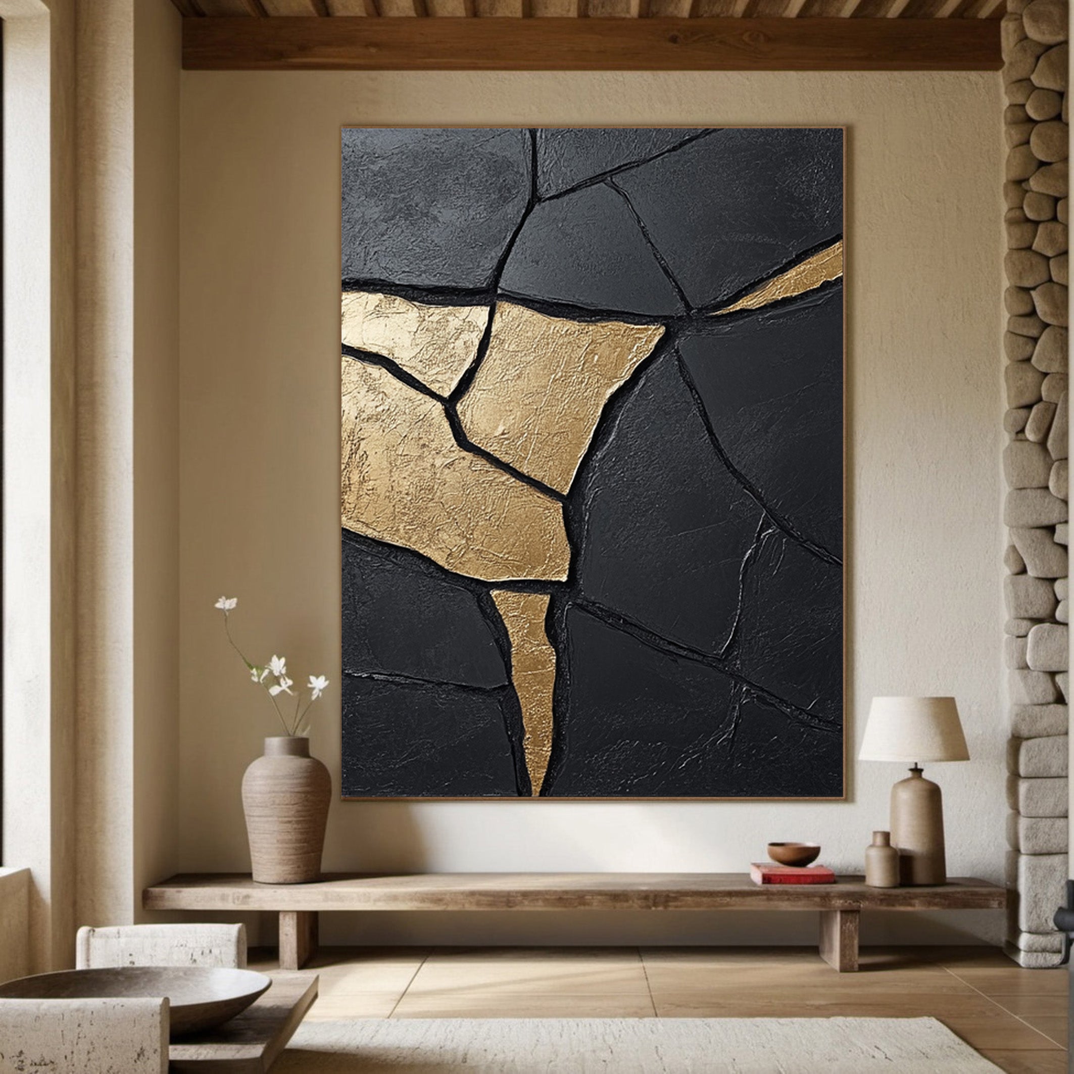 Large Contemporary Black Impasto Art with Organic Gold Shape #BGA 189