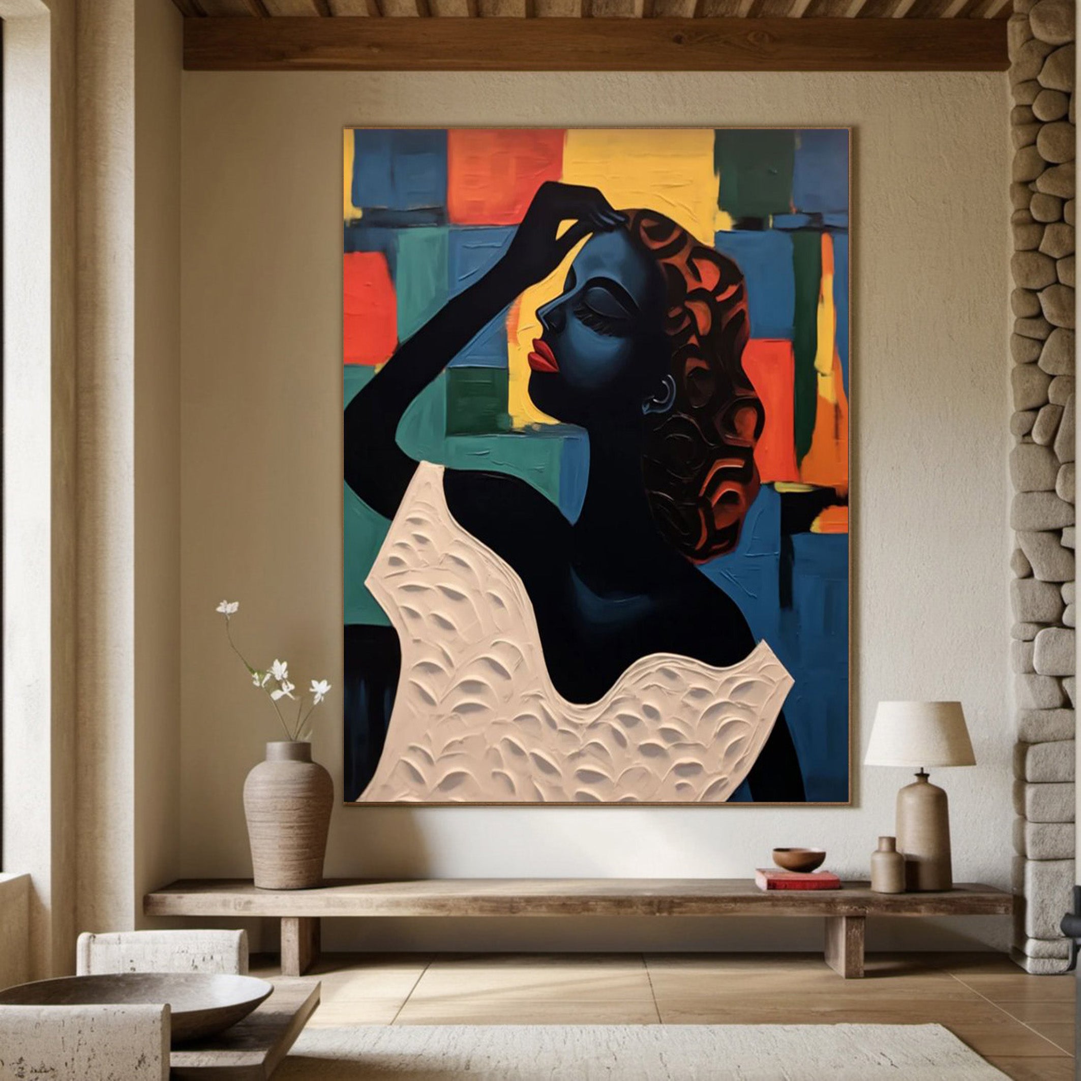Elegant Portrait with Abstract Geometric Panels, Modern Art #BGA 175