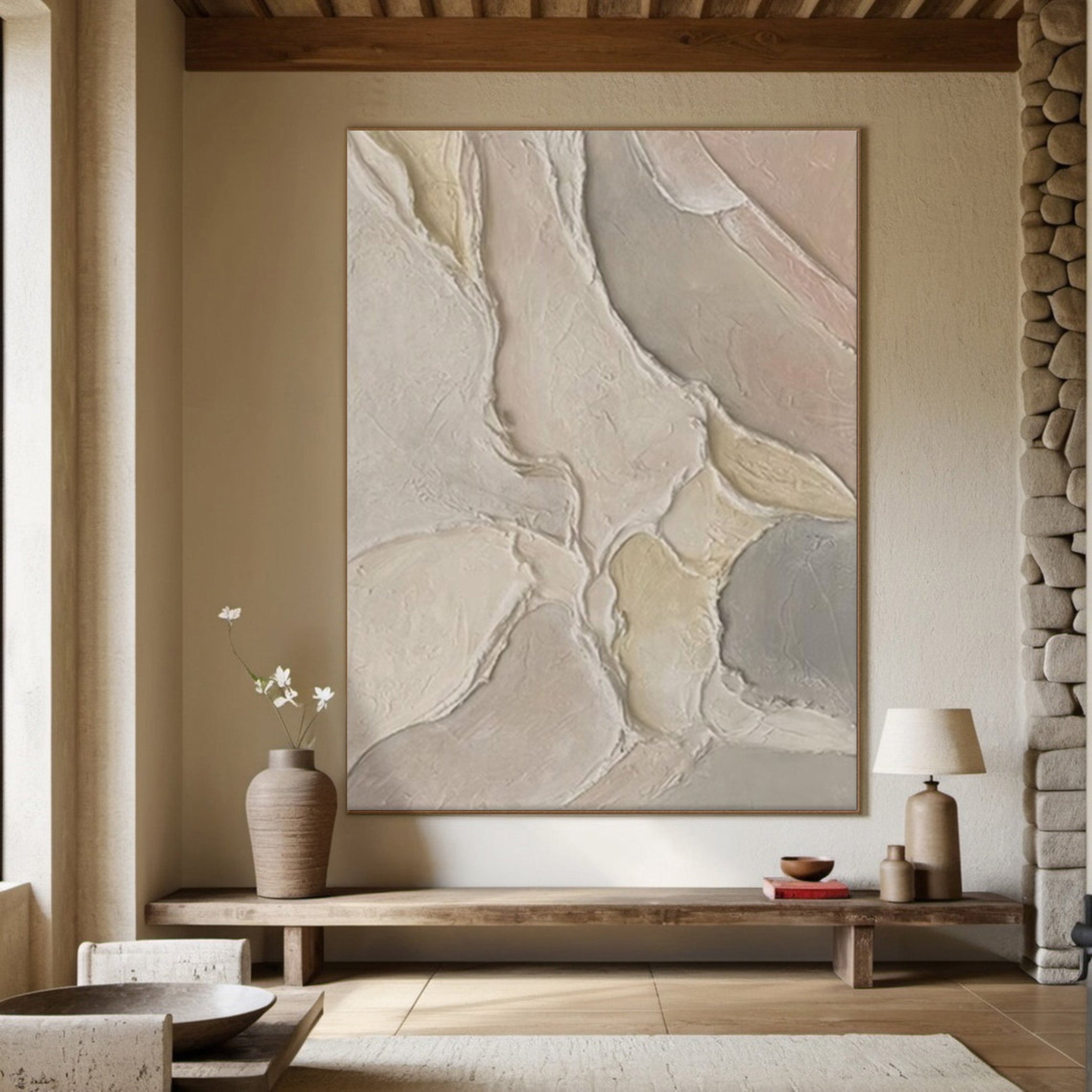 Beige White Gray Painting, Modern Abstract Wall Art #BGA 121