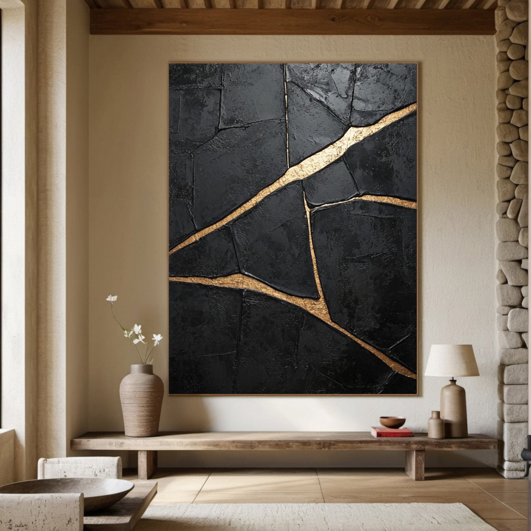Heavily Textured Black Art with Gold Seams, Modern Canvas #BGA 183