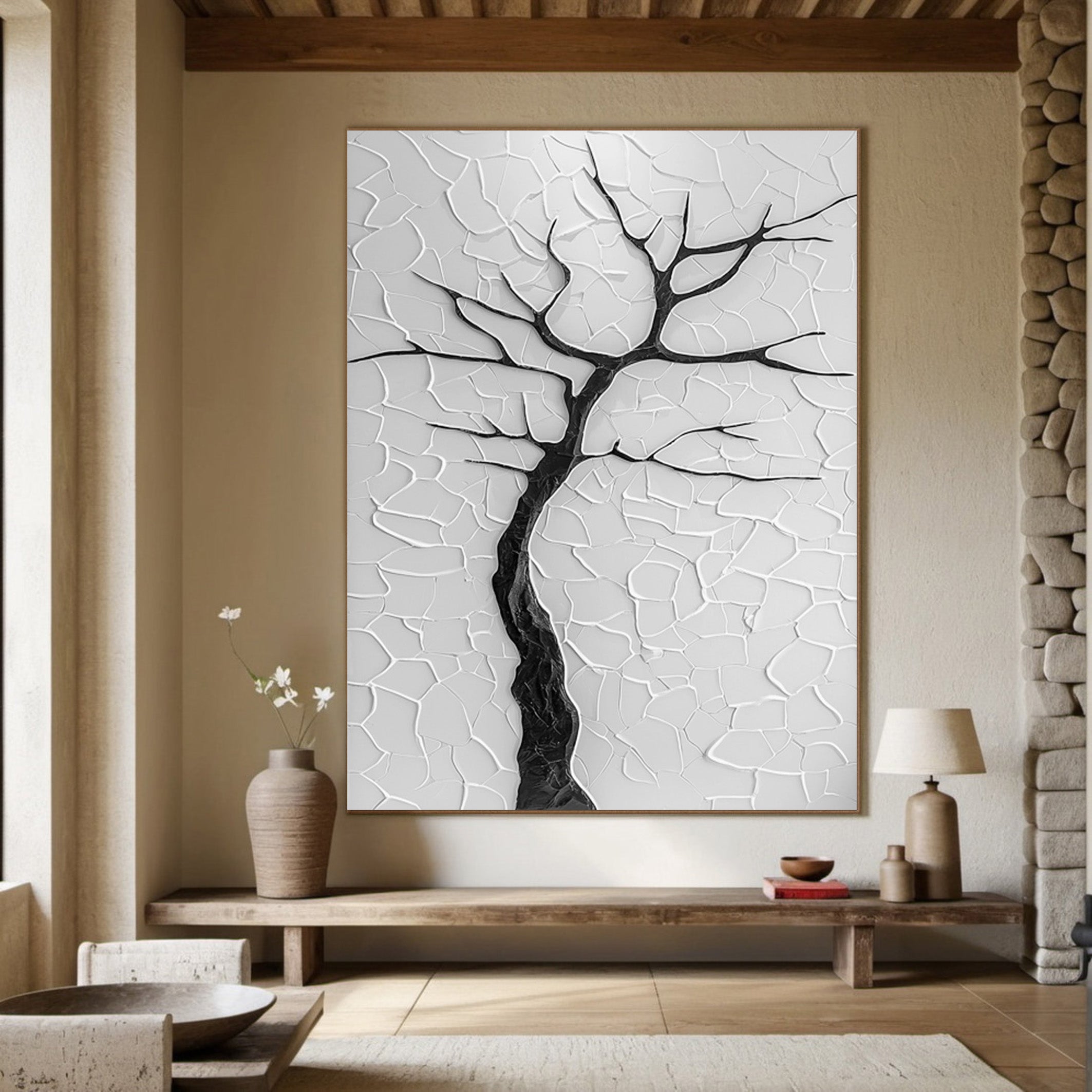 Modern Minimalist Tree Against Cracked White Impasto #BGA 203
