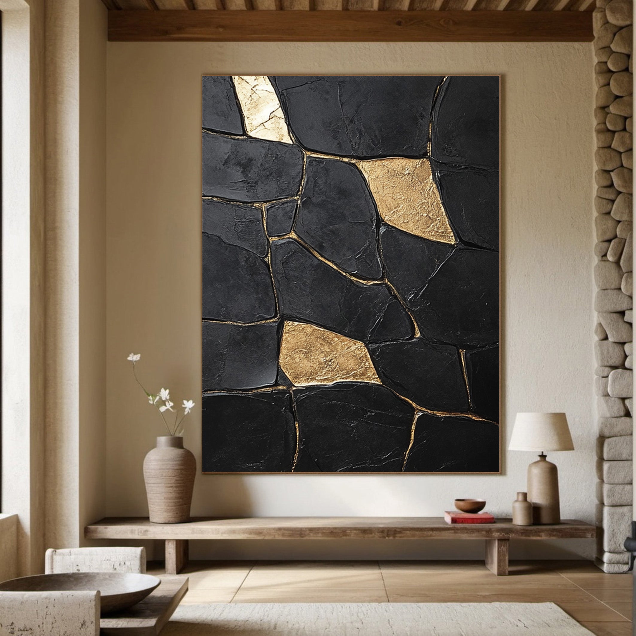 Large Black Impasto Art with Bold Geometric Gold Wall Decor #BGA 188