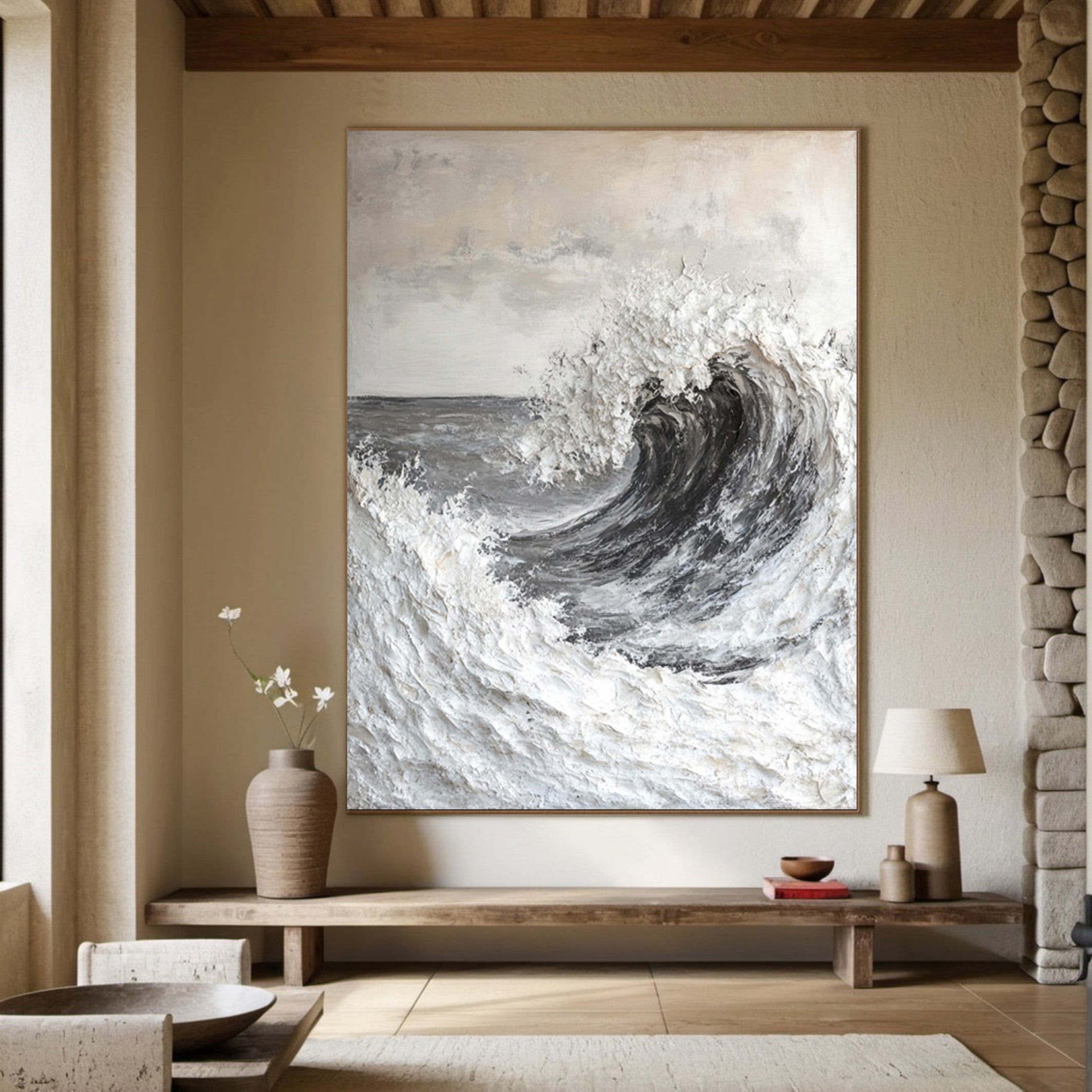 Textured Ocean Wave Wall Painting in Grayscale Impasto #BGA 201