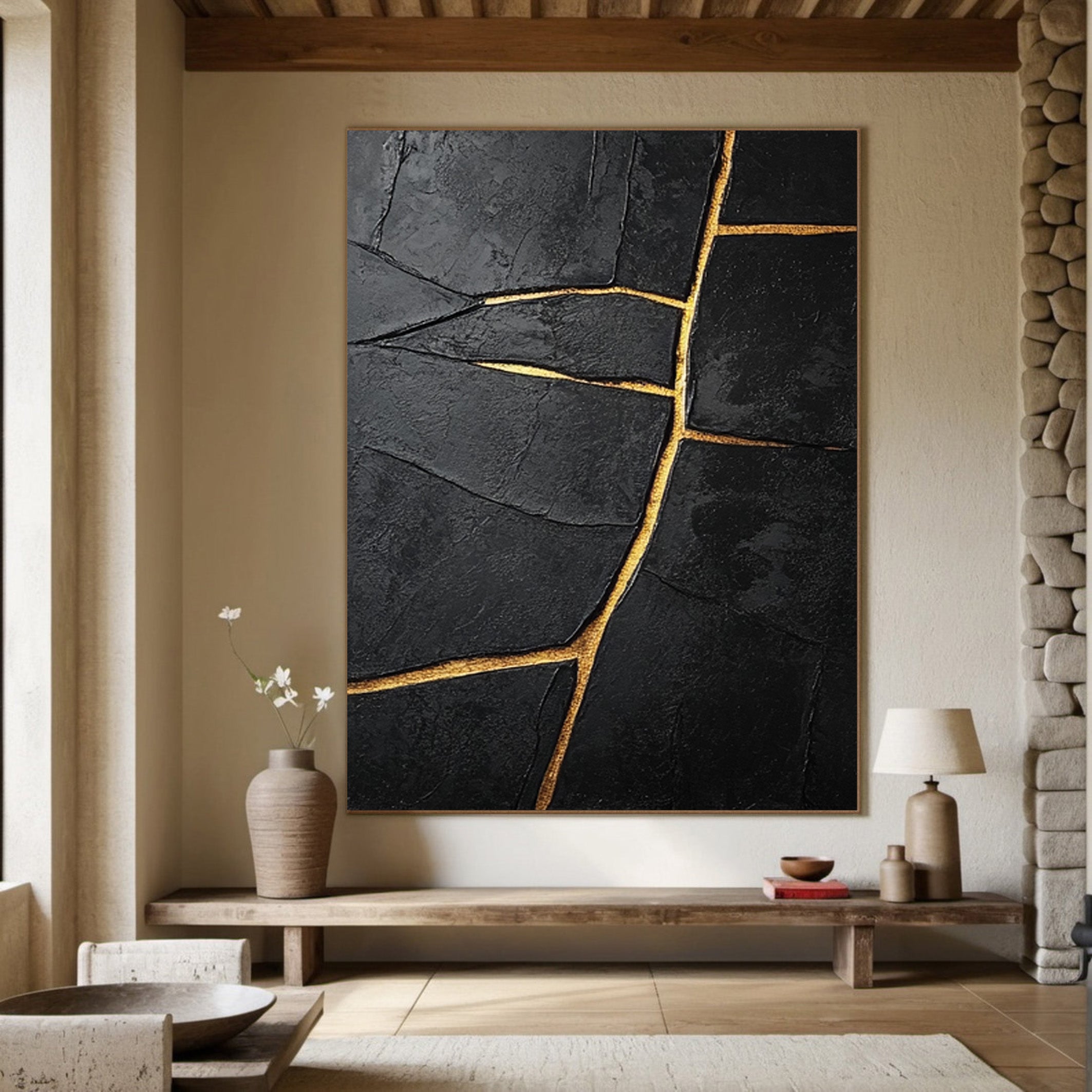 Modern Abstract with Deeply Textured Black and Gold Lines #BGA 186