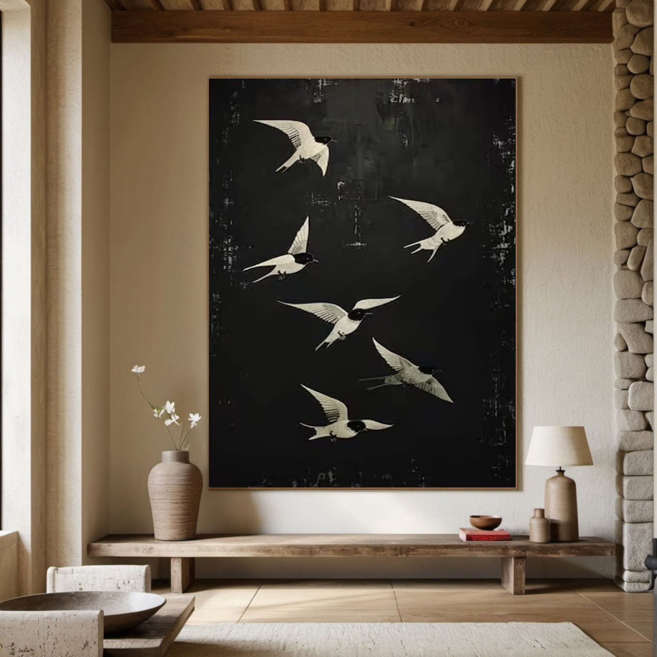 Black and White Birds Abstract Wall Art for Elegant Home Decor #BM 050