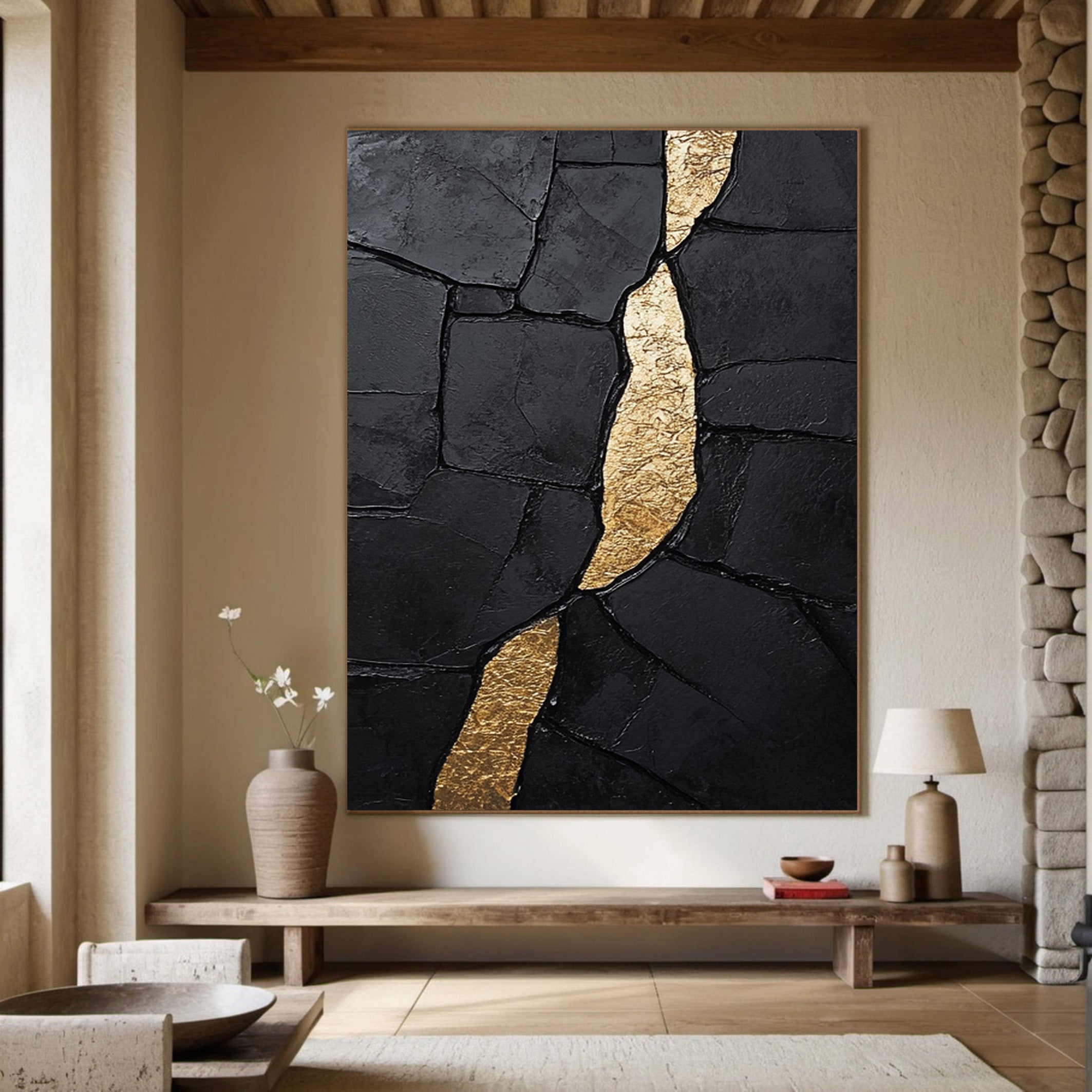 Black Impasto Canvas with Striking Vertical Organic Gold Shape #BGA 191