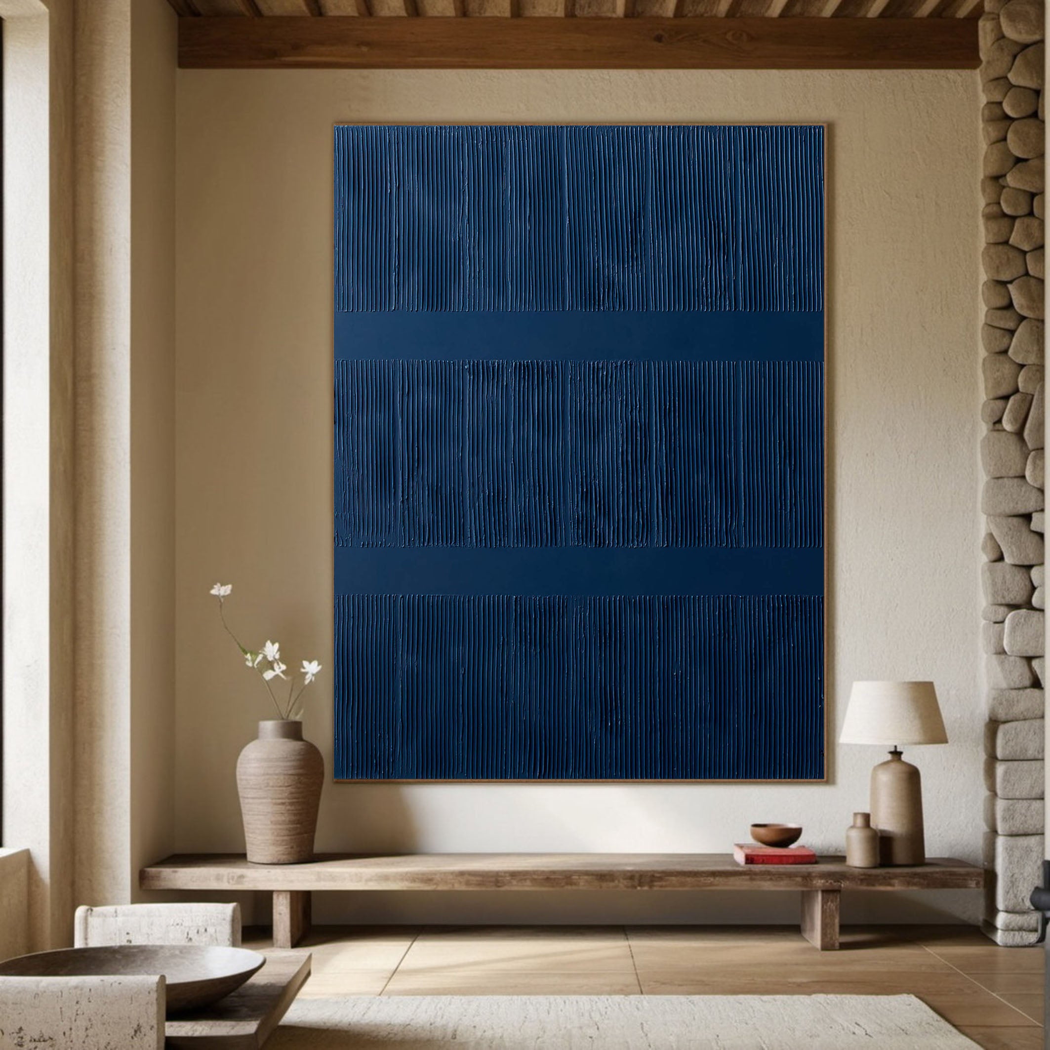 Textured Blue Abstract Minimalist Canvas With Vertical Lines #BGA 040