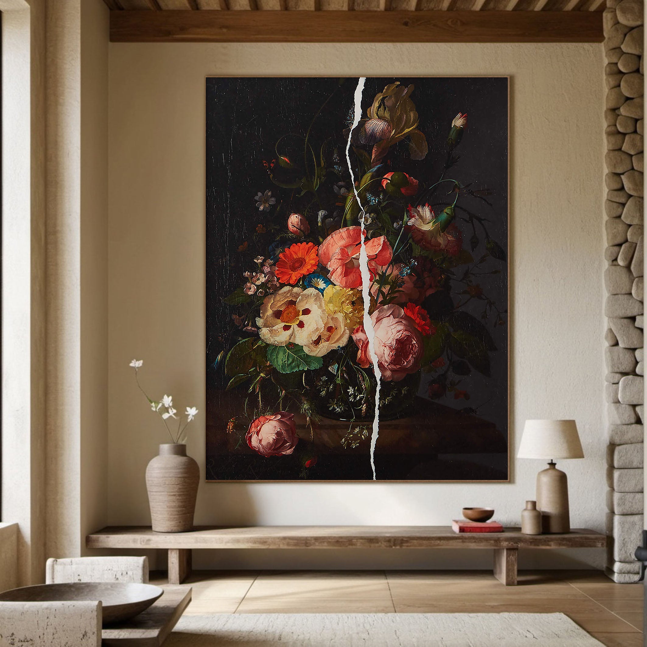 Flowers With White Crack, Large Contemporary Wall Art #BGA 043