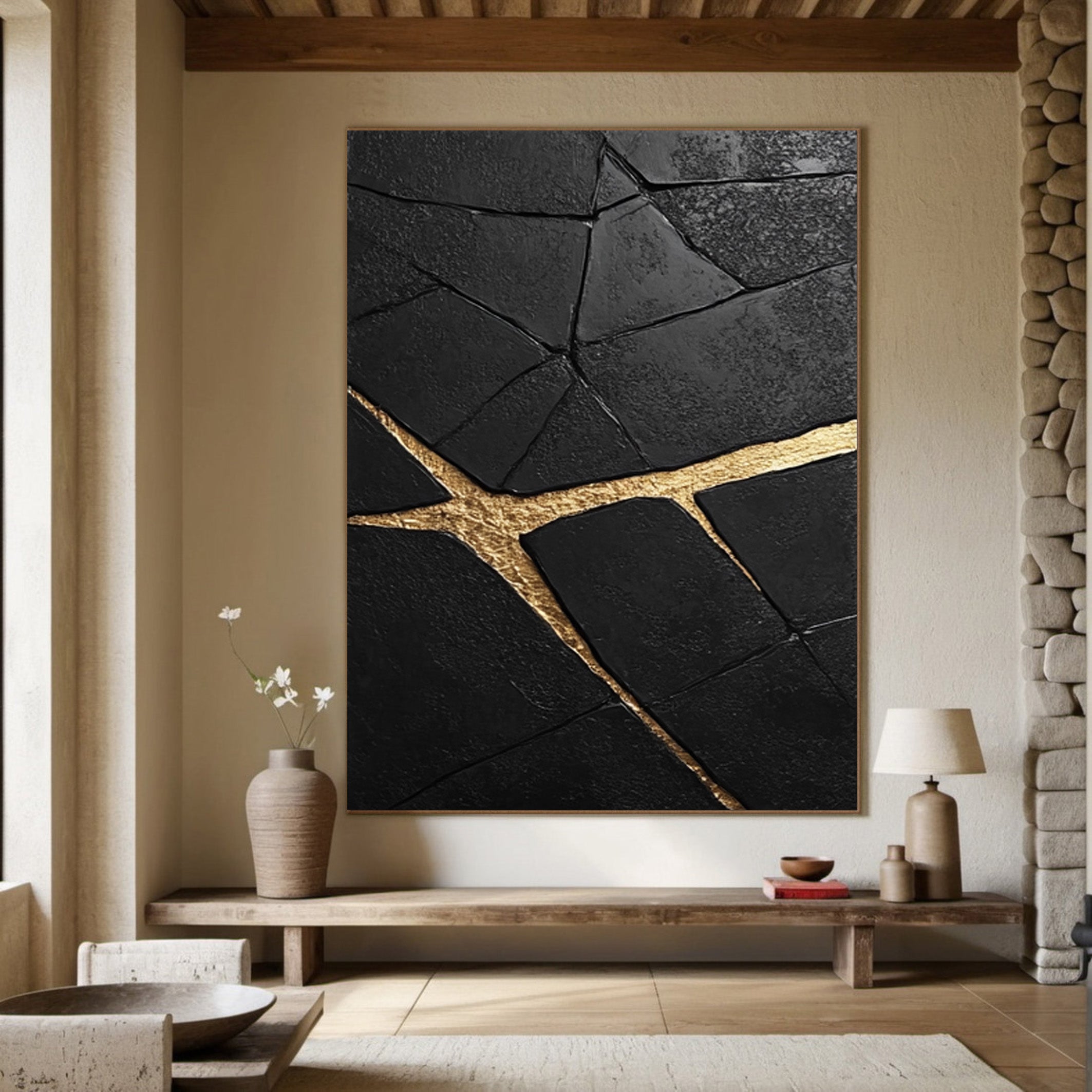 Modern Abstract with Deeply Textured Black and Gold Rivers #BGA 182