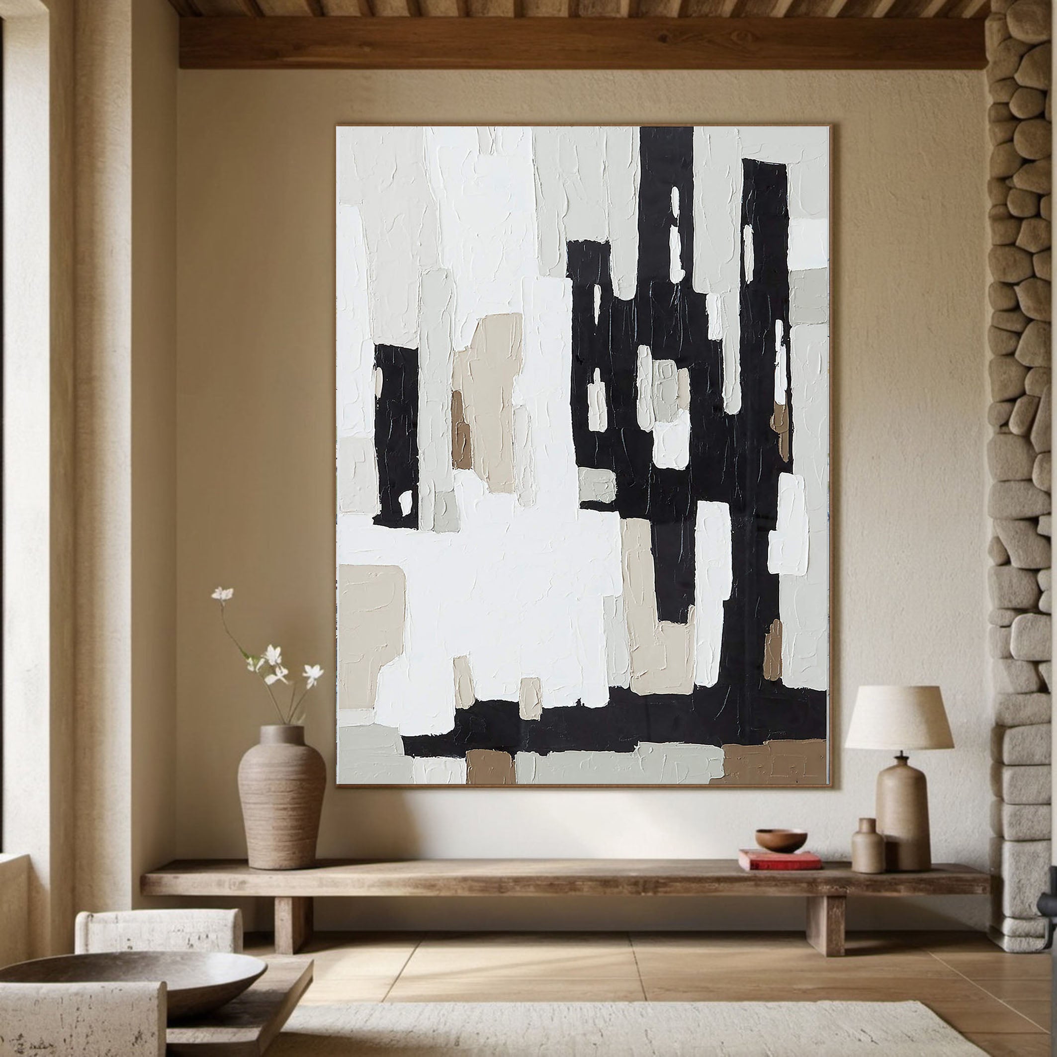 Abstract Geometric Painting With Black, White And Beige #BGA 039
