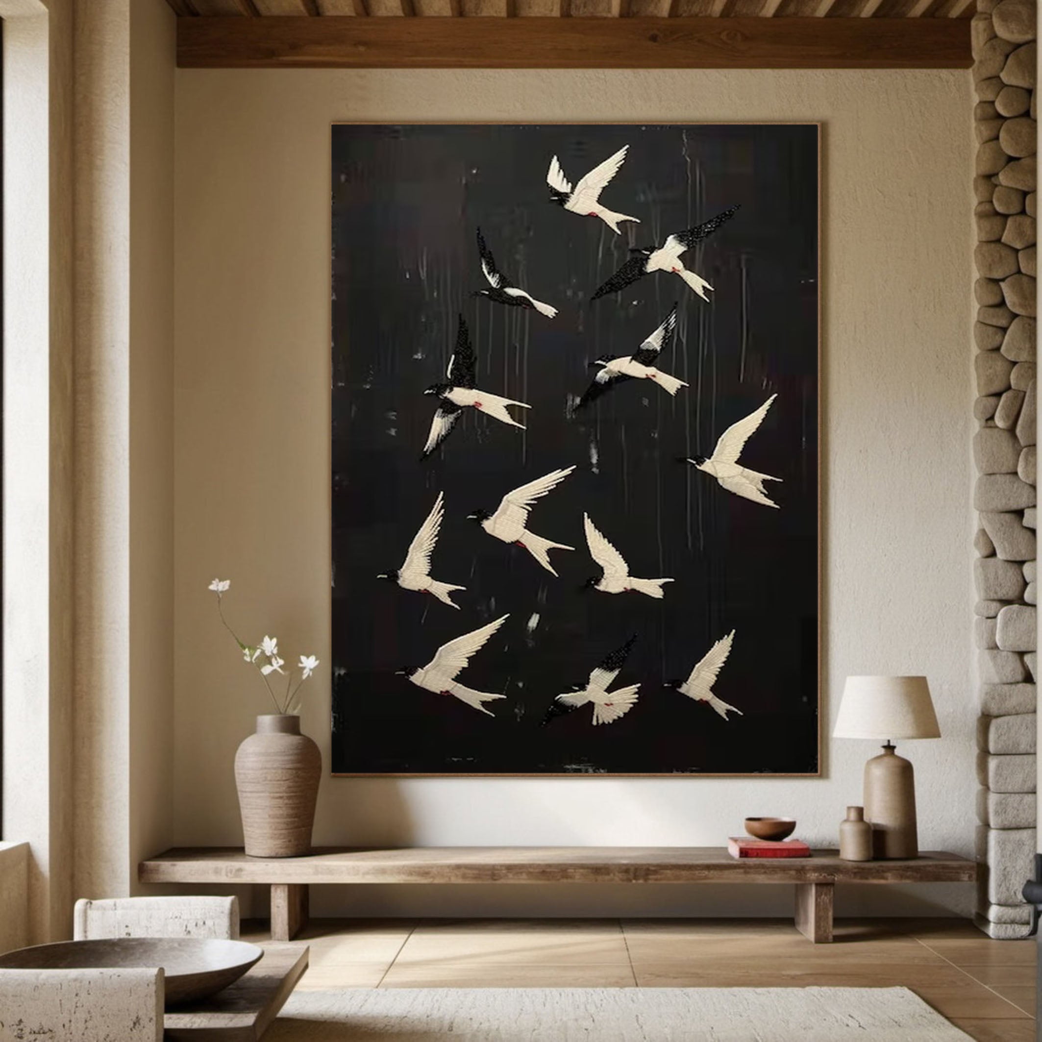 Black and White Birds Abstract Wall Art for Elegant Home Decor #BM 049