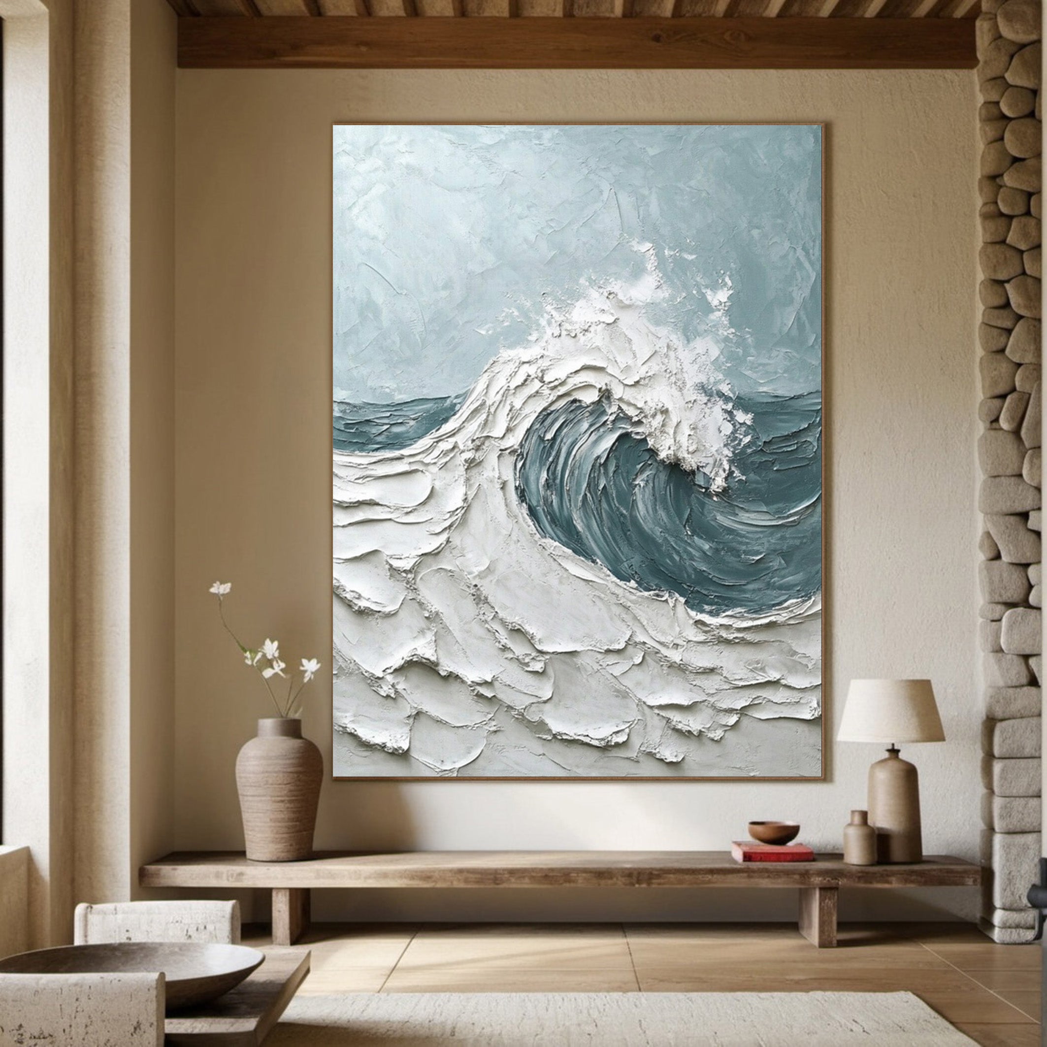 Modern Seascape Painting with Tactile Wave and Light Blues #BGA 200