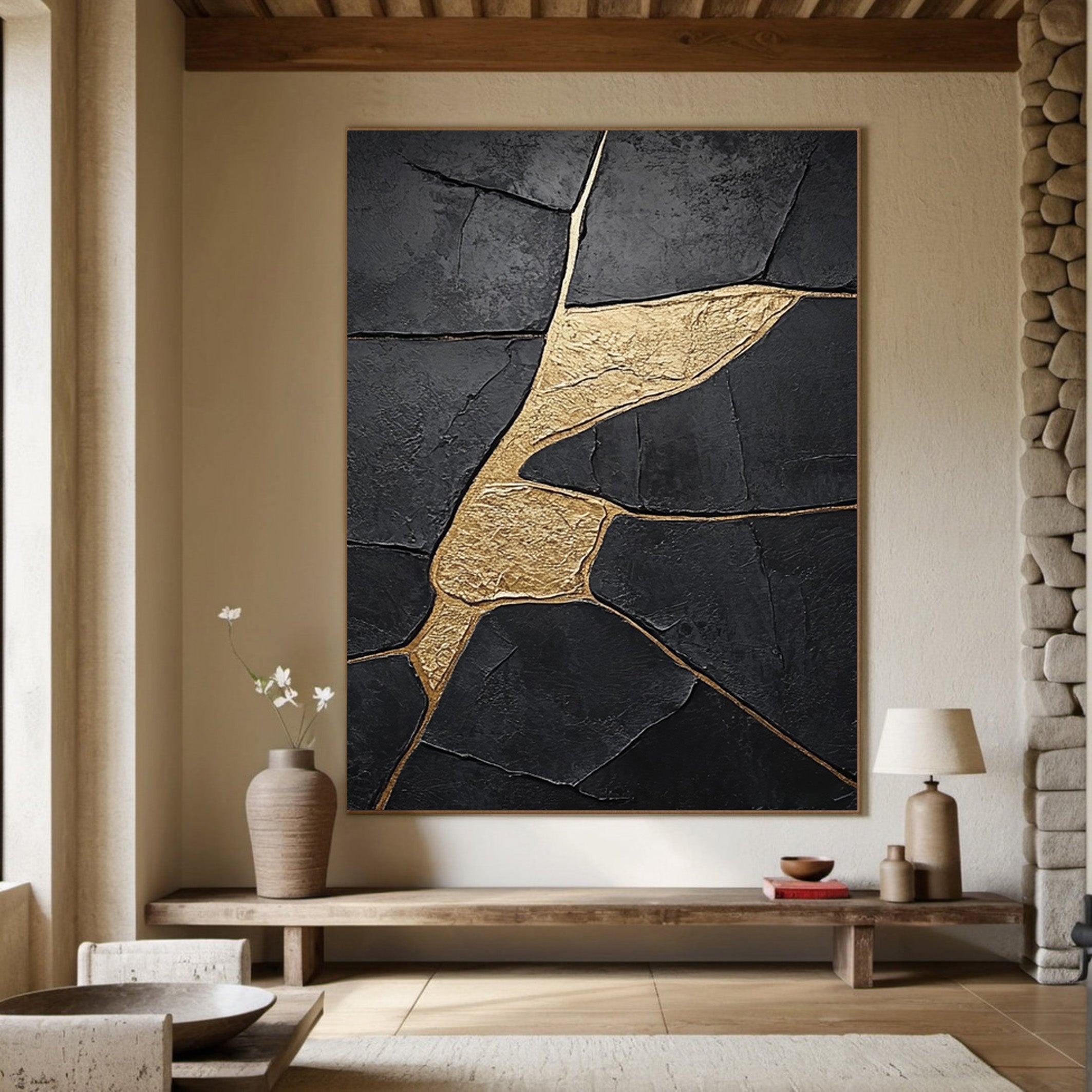 Modern Abstract Canvas with Textured Black and Gold Shapes #BGA 190