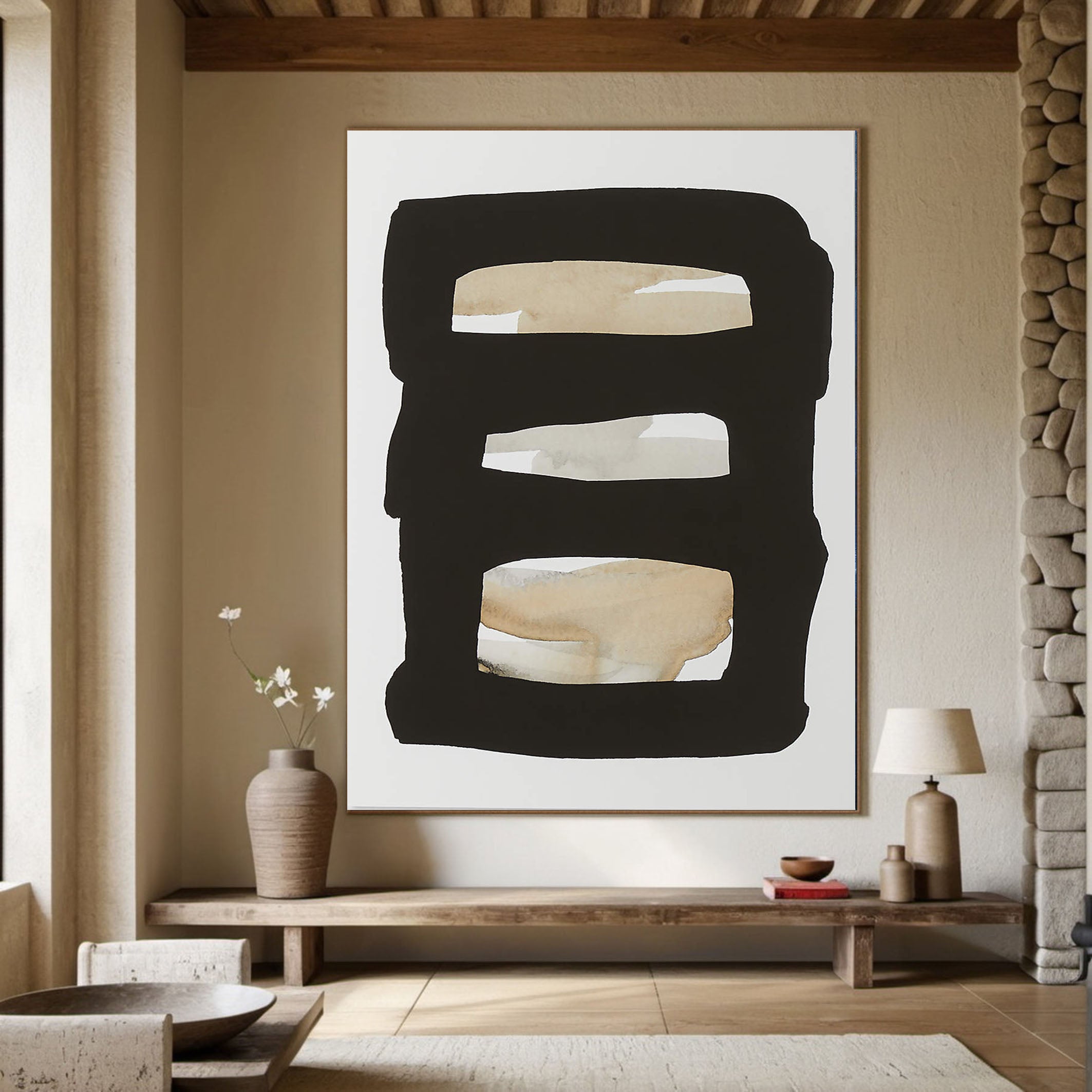 Black Frame with Beige and White Bands, Contemporary Canvas #BGA 050