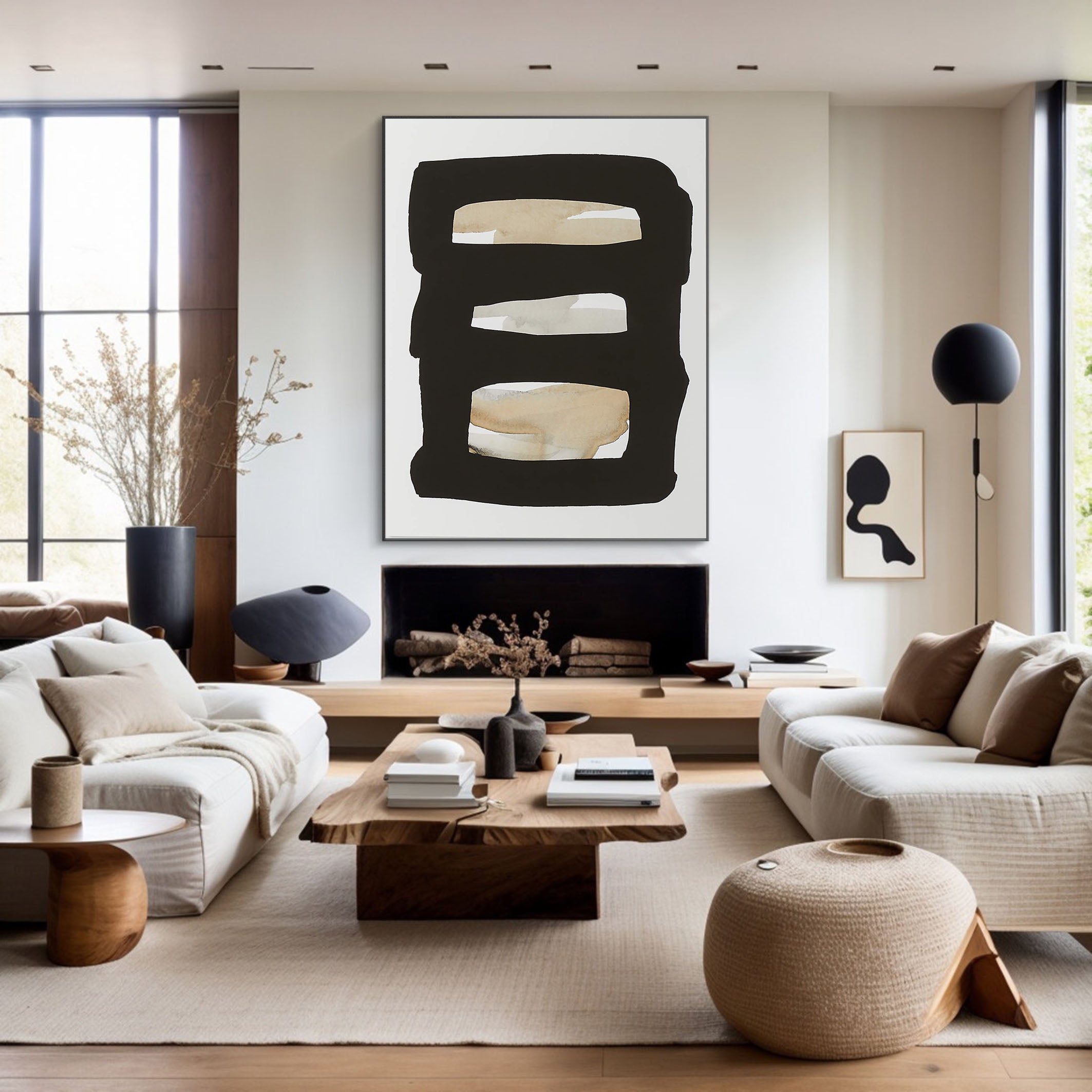 Black Frame with Beige and White Bands, Contemporary Canvas #BGA 050