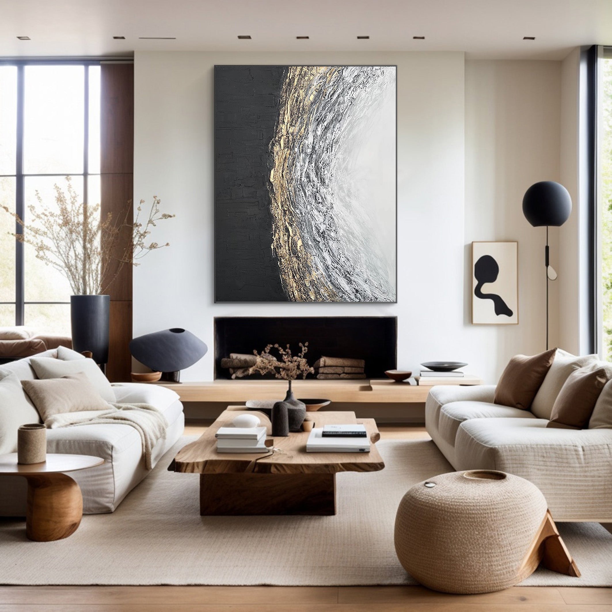 Lunar Divide: Abstract Textured Art, Gold Accent Canvas #BGA 117