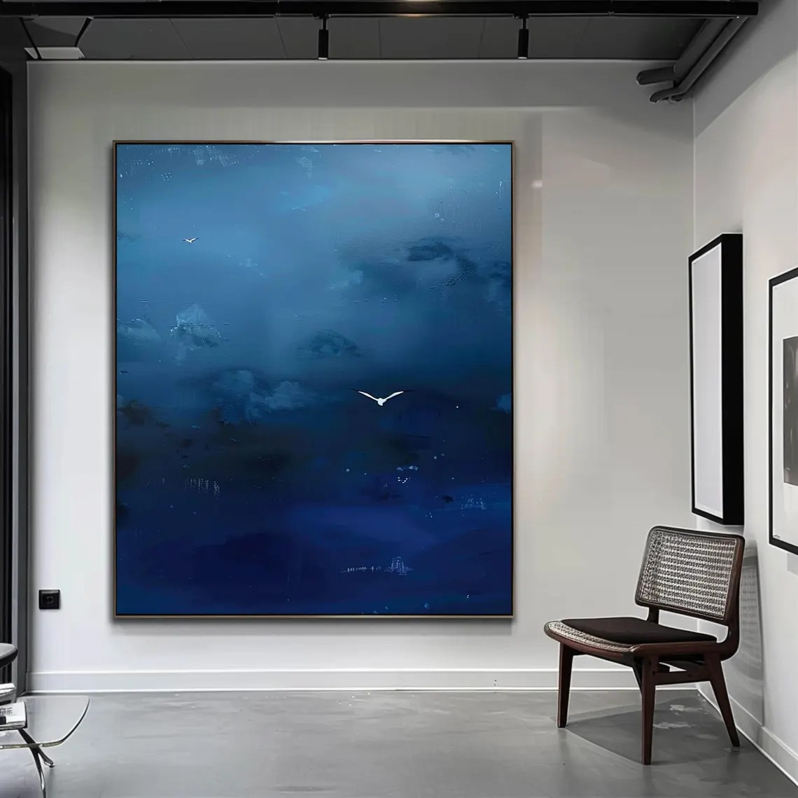 Dark Blue Sky Painting, Birds in Flight, Surrealist Canvas #BGA 093