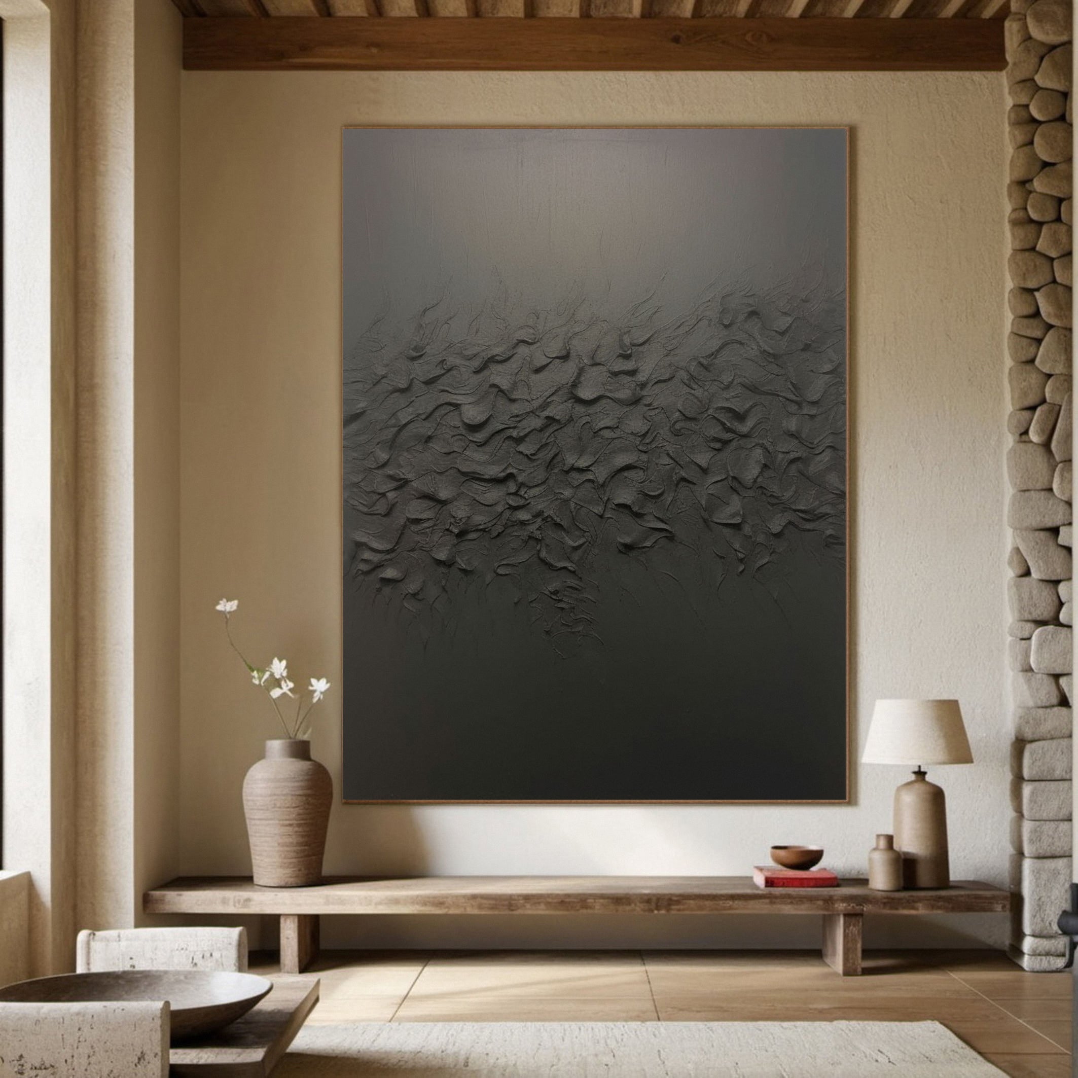 Black Contemporary Wall Painting, Richly Textured Surface #BGA 146